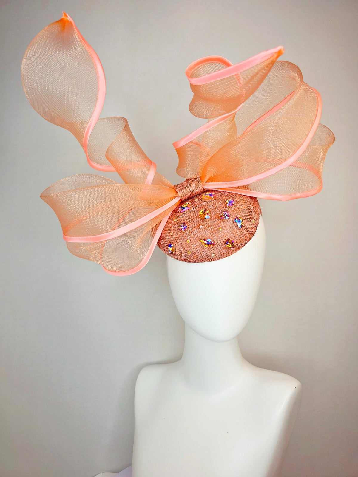 kentucky derby hat fascinator burnt orange sinamay base iridescent orange crystal jewels peach mesh wired ribbon large bendable bow decor