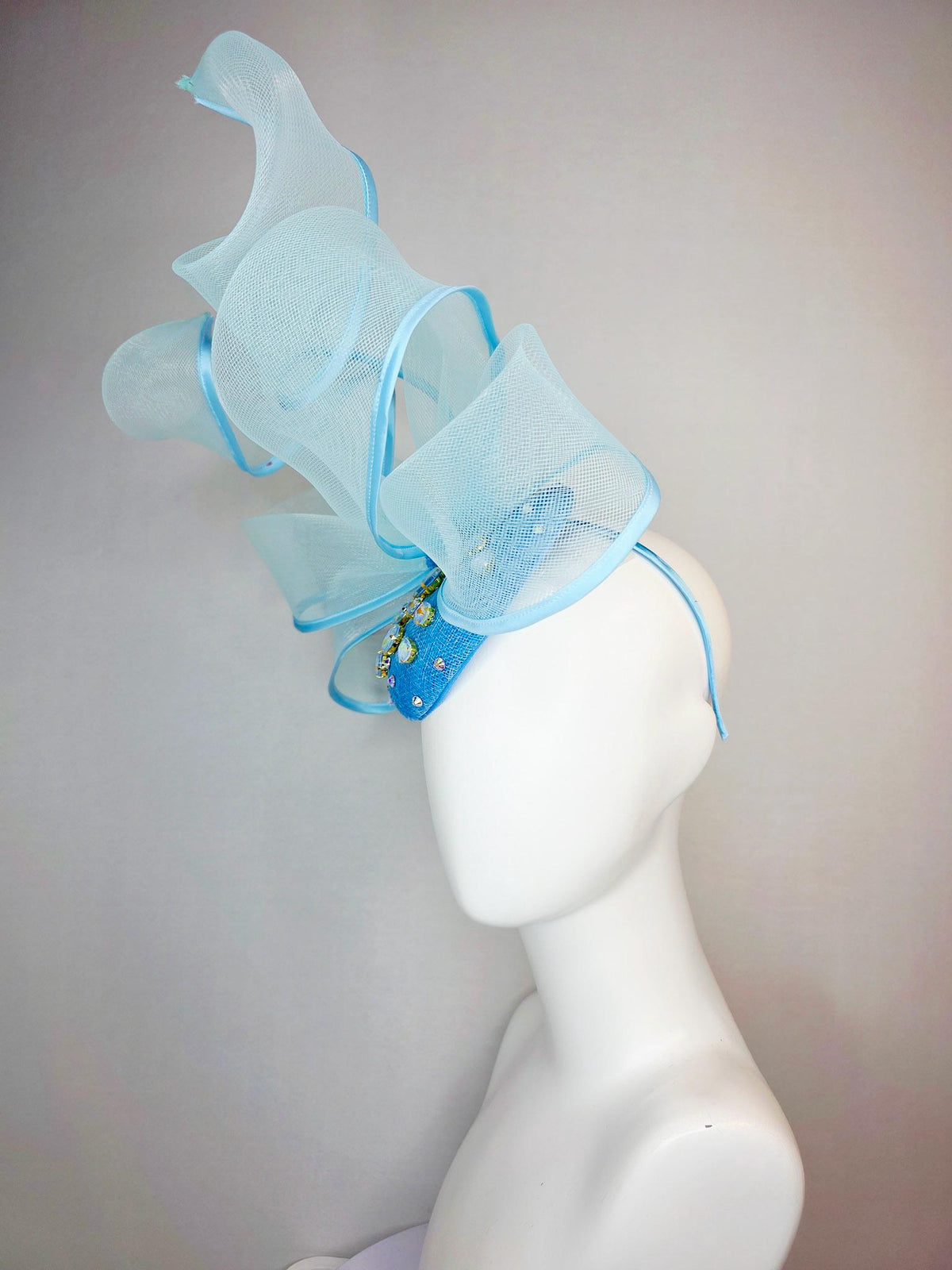 kentucky derby hat fascinator sky ocean blue sinamay base with blue crystal jewels light blue mesh and wired ribbon large bendable bow decor
