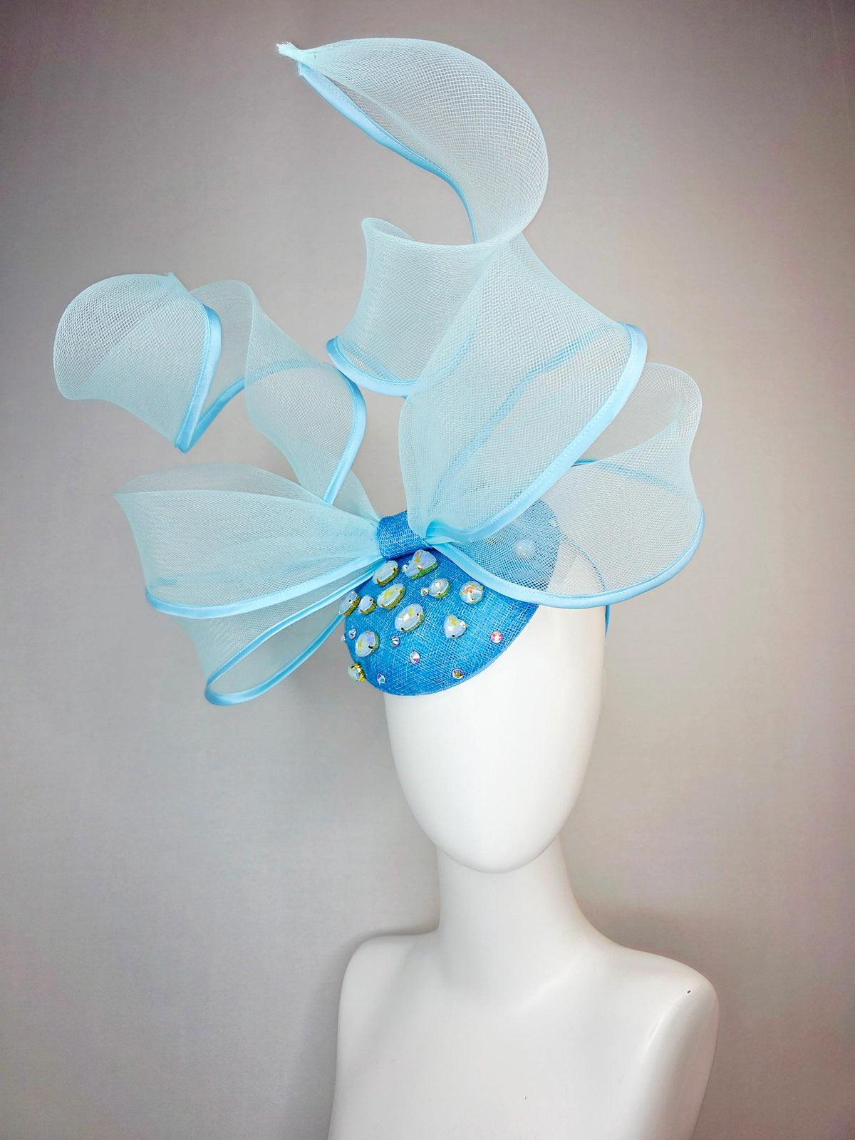 kentucky derby hat fascinator sky ocean blue sinamay base with blue crystal jewels light blue mesh and wired ribbon large bendable bow decor