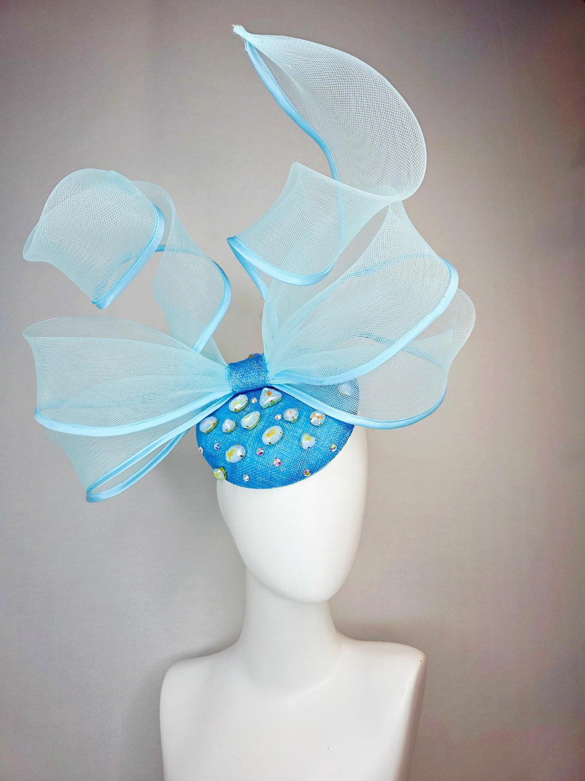 kentucky derby hat fascinator sky ocean blue sinamay base with blue crystal jewels light blue mesh and wired ribbon large bendable bow decor