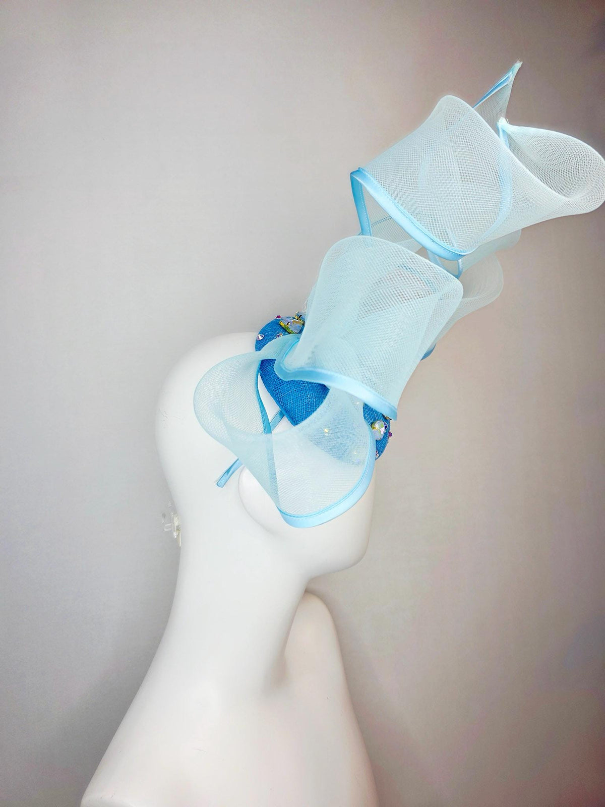 kentucky derby hat fascinator sky ocean blue sinamay base with blue crystal jewels light blue mesh and wired ribbon large bendable bow decor