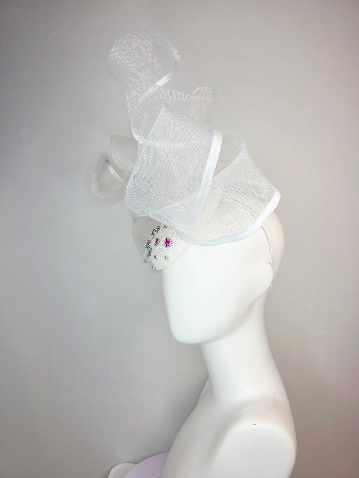 kentucky derby hat fascinator white sinamay base with iridescent clear crystal jewels white mesh and wired ribbon large bendable bow decor