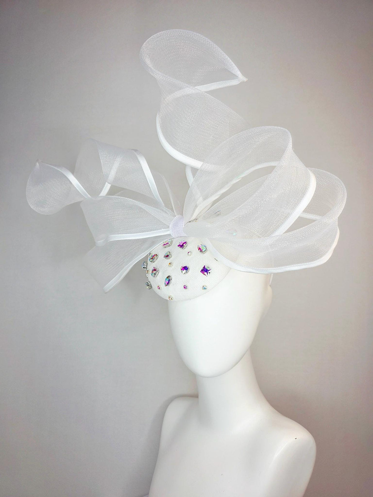 kentucky derby hat fascinator white sinamay base with iridescent clear crystal jewels white mesh and wired ribbon large bendable bow decor