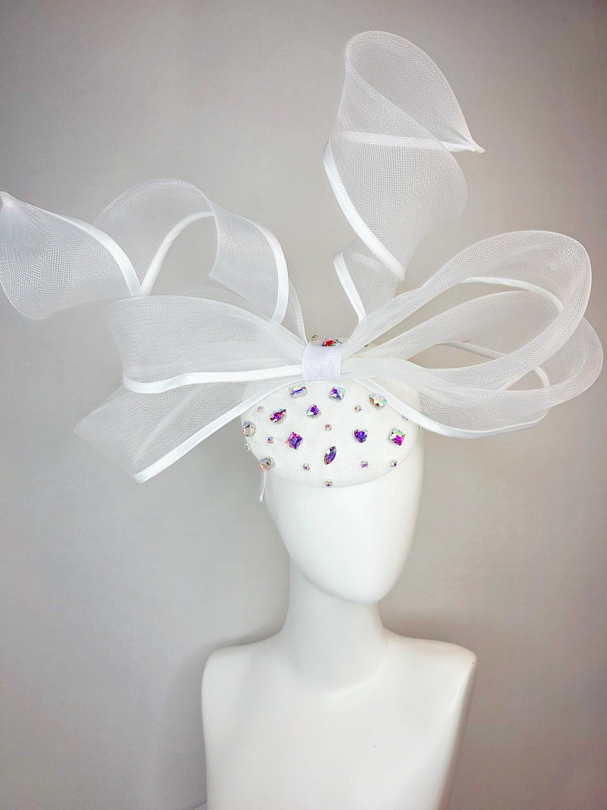 kentucky derby hat fascinator white sinamay base with iridescent clear crystal jewels white mesh and wired ribbon large bendable bow decor