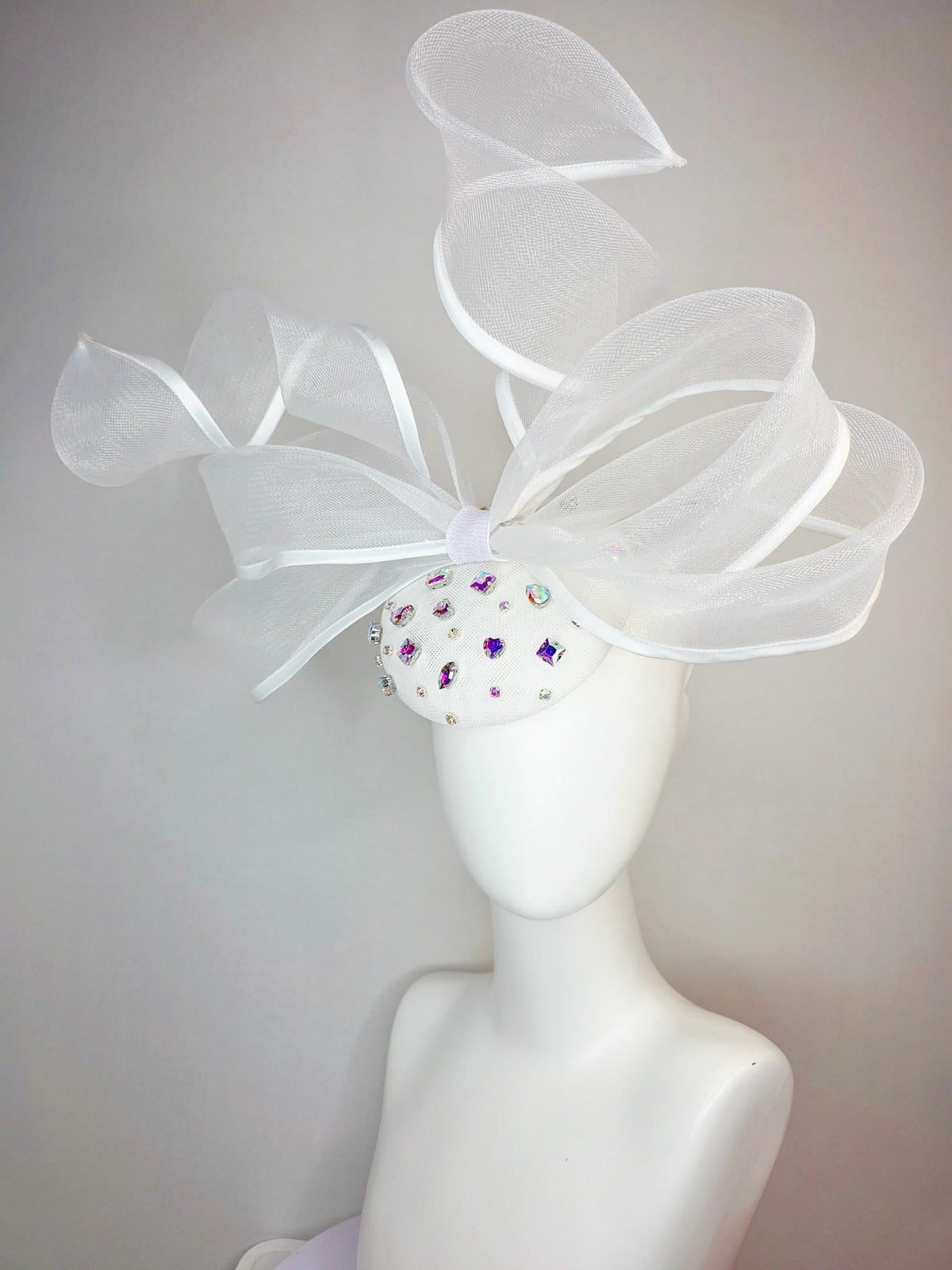 kentucky derby hat fascinator white sinamay base with iridescent clear crystal jewels white mesh and wired ribbon large bendable bow decor