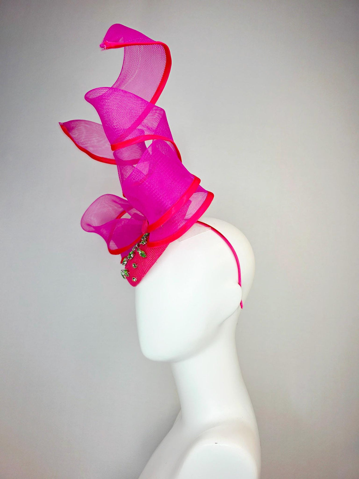 kentucky derby hat fascinator hot pink sinamay base with lime green crystal jewels fuchsia pink mesh wired ribbon large bendable bow decor