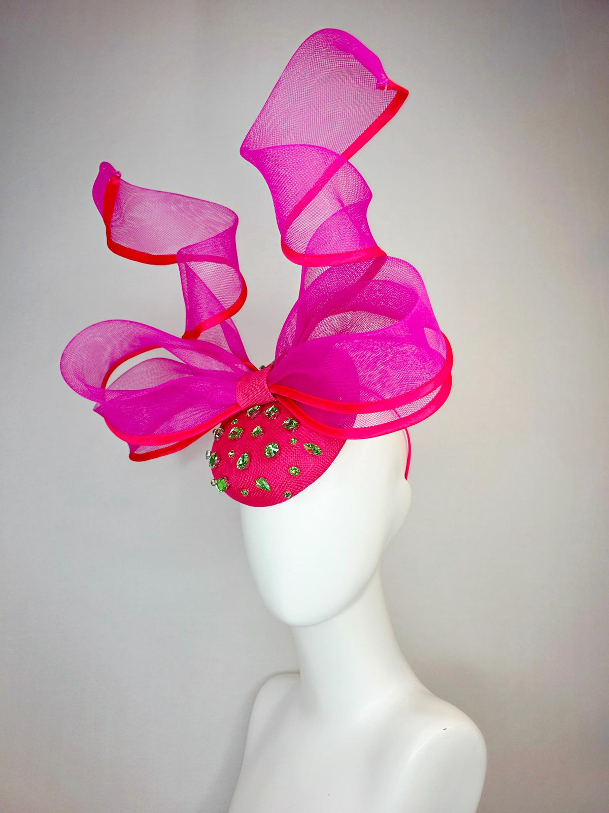 kentucky derby hat fascinator hot pink sinamay base with lime green crystal jewels fuchsia pink mesh wired ribbon large bendable bow decor