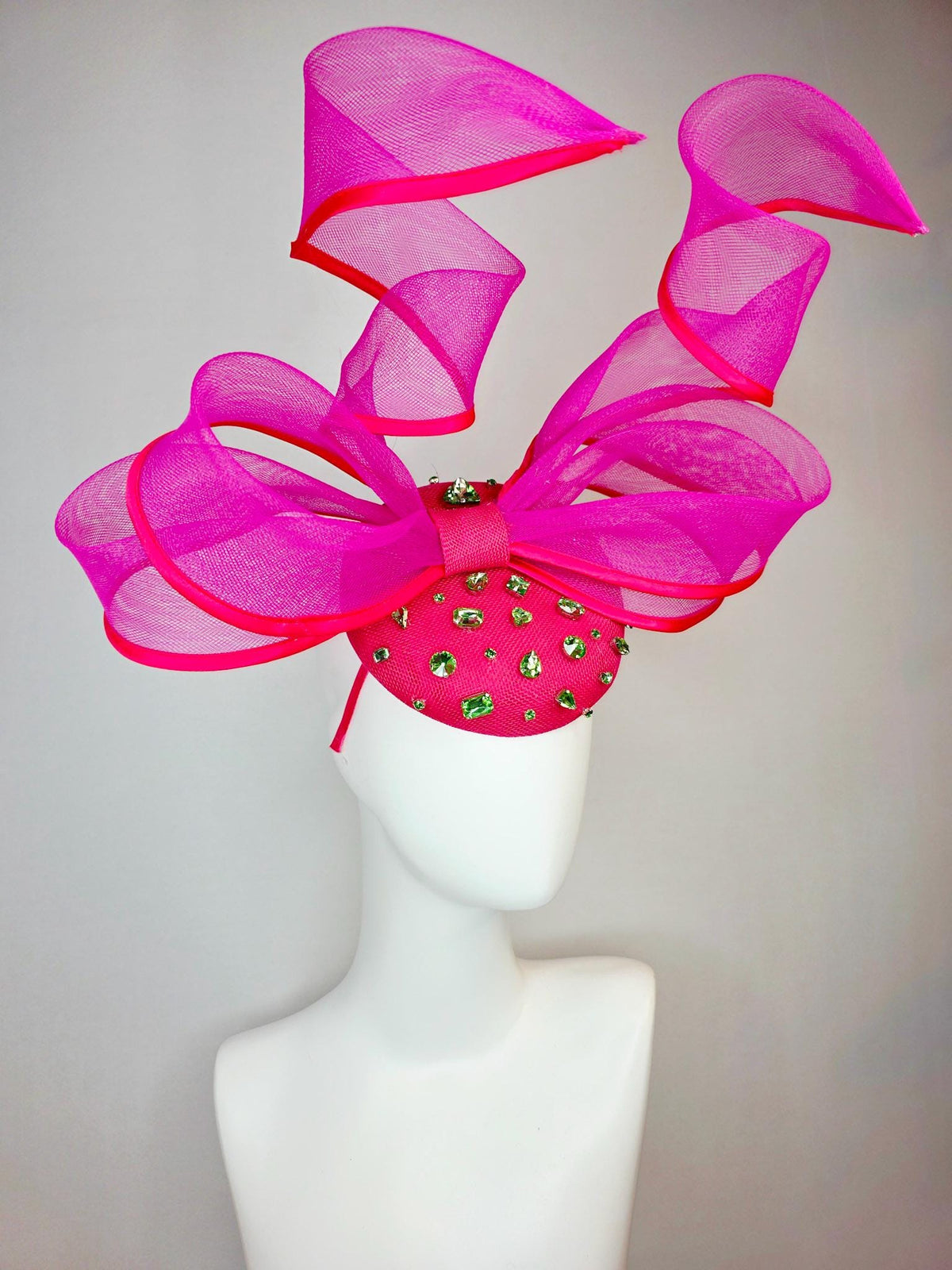 kentucky derby hat fascinator hot pink sinamay base with lime green crystal jewels fuchsia pink mesh wired ribbon large bendable bow decor