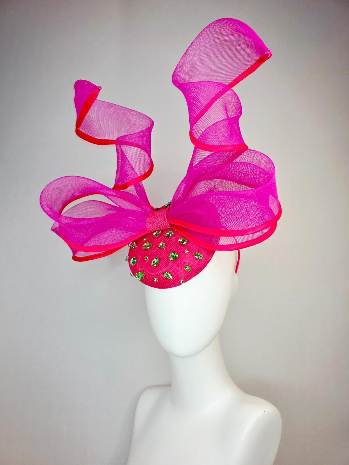 kentucky derby hat fascinator hot pink sinamay base with lime green crystal jewels fuchsia pink mesh wired ribbon large bendable bow decor