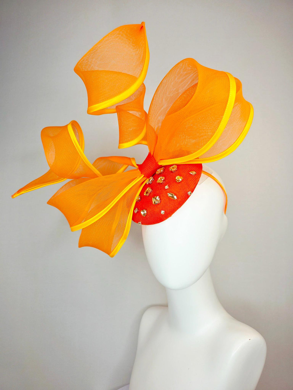 kentucky derby hat fascinator bright orange sinamay base clear crystal jewels burnt orange yellow mesh wired ribbon large bendable bow decor