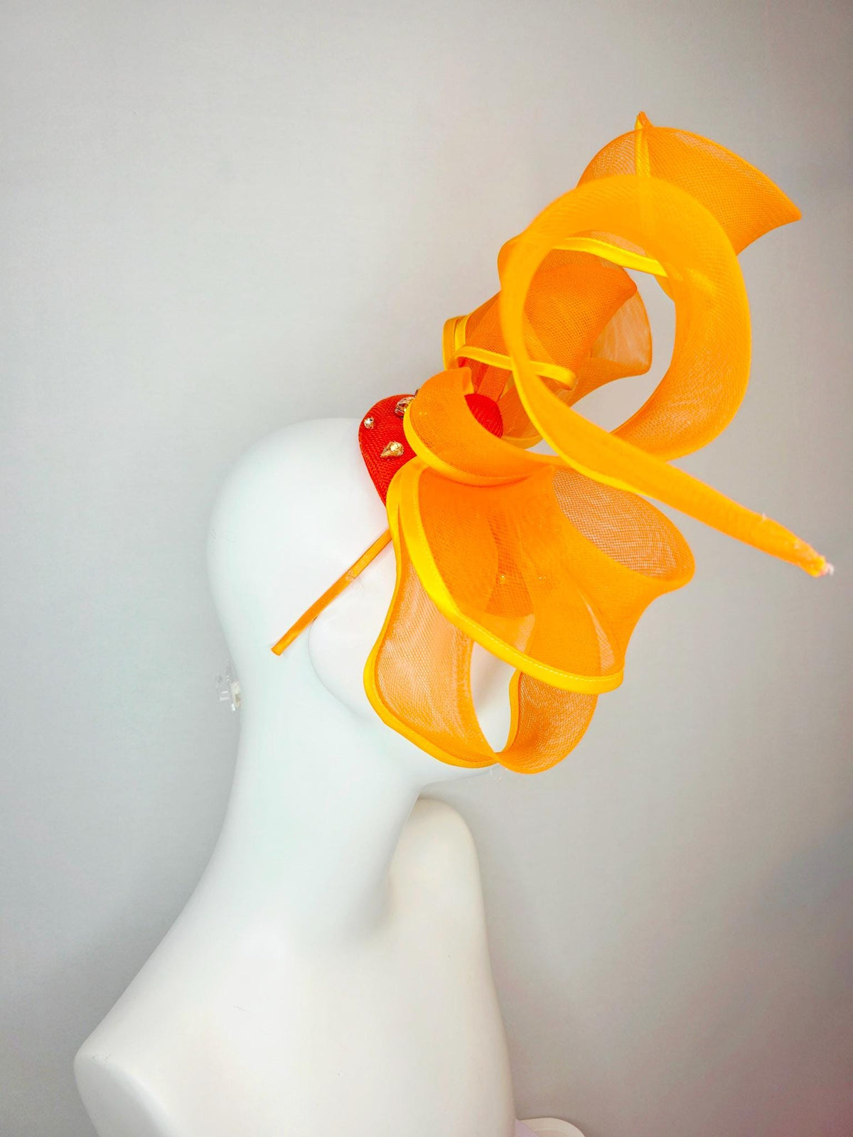 kentucky derby hat fascinator bright orange sinamay base clear crystal jewels burnt orange yellow mesh wired ribbon large bendable bow decor