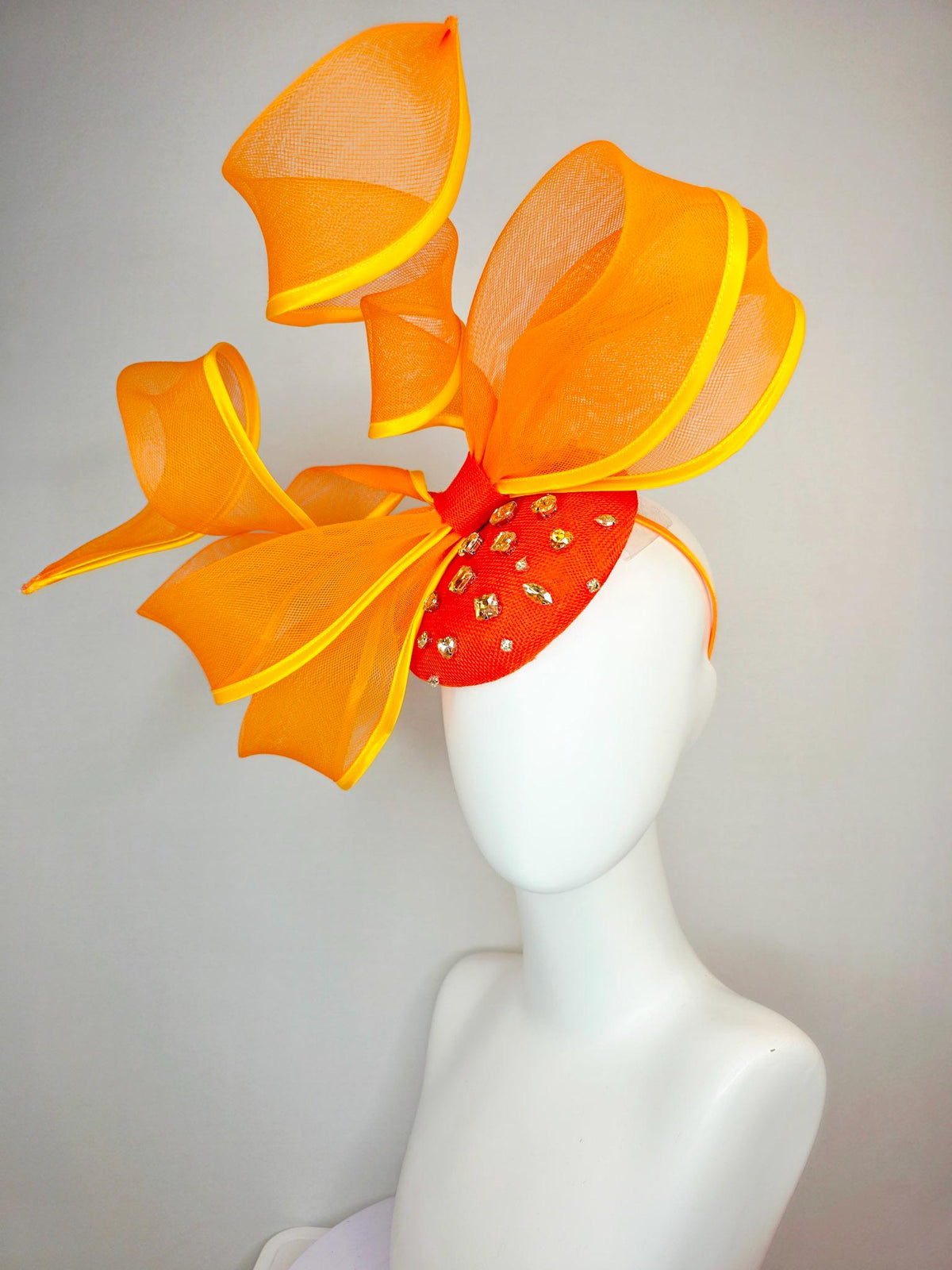 kentucky derby hat fascinator bright orange sinamay base clear crystal jewels burnt orange yellow mesh wired ribbon large bendable bow decor