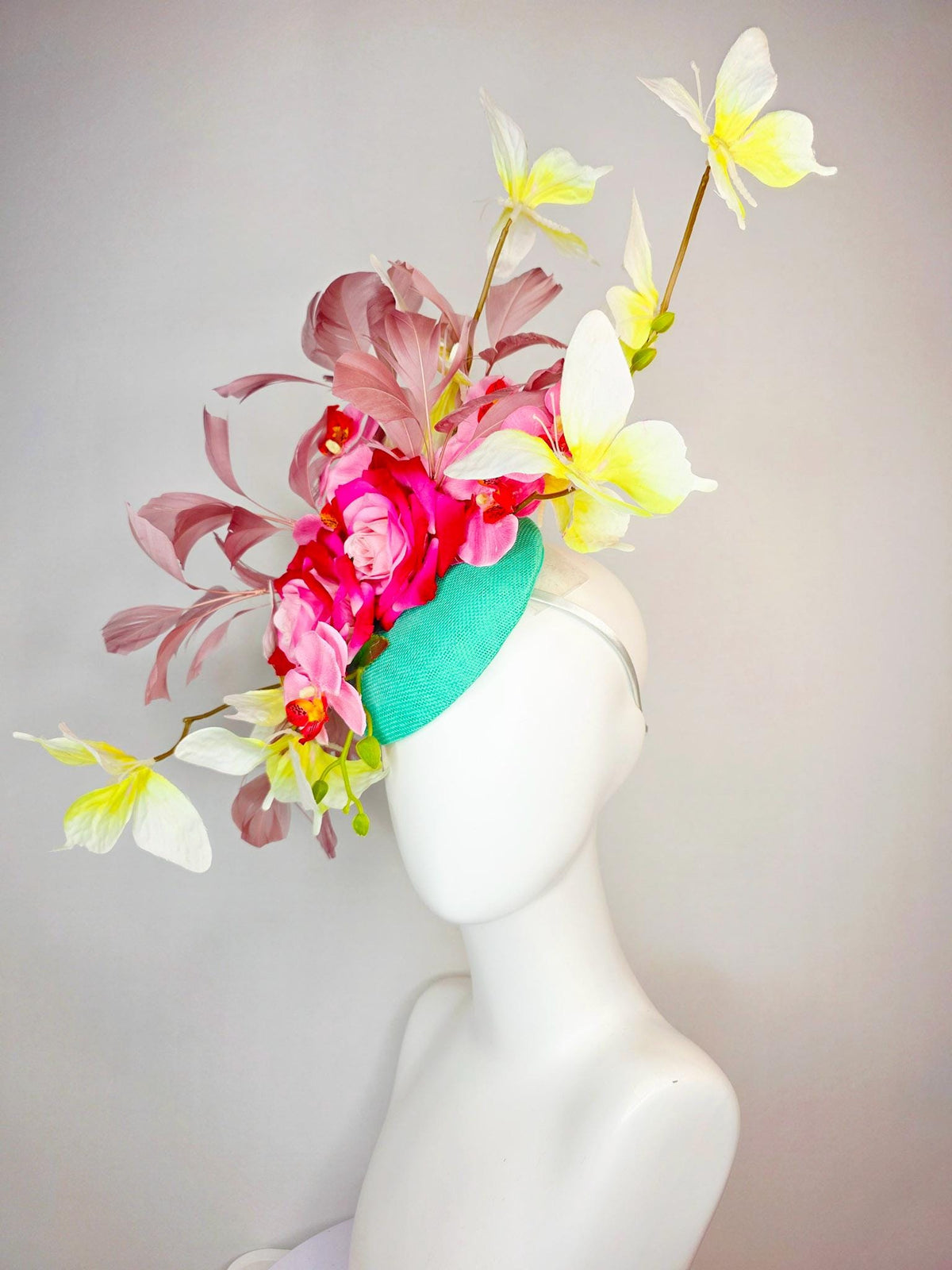 kentucky derby hat fascinator mint green sinamay ombre red pink roses pink orchids mauve dusty pink branching feathers yellow butterflies