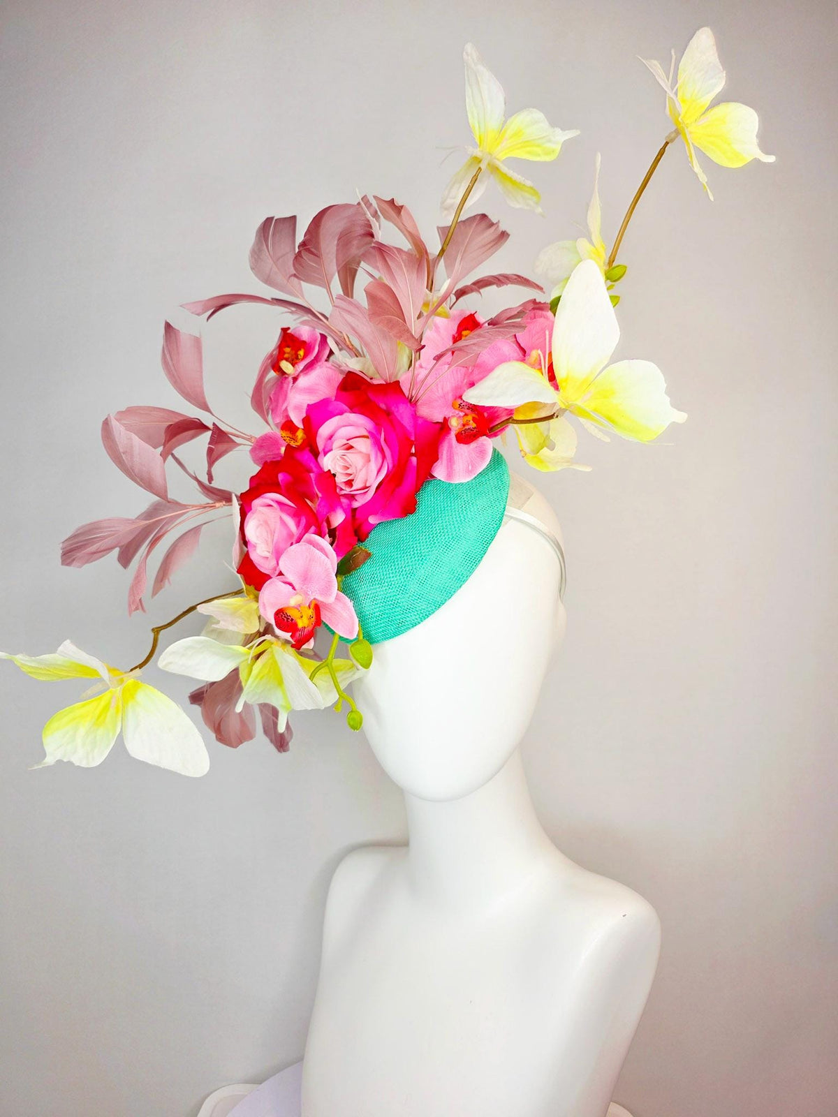 kentucky derby hat fascinator mint green sinamay ombre red pink roses pink orchids mauve dusty pink branching feathers yellow butterflies
