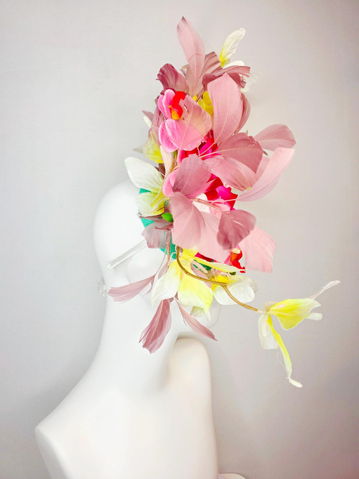 kentucky derby hat fascinator mint green sinamay ombre red pink roses pink orchids mauve dusty pink branching feathers yellow butterflies