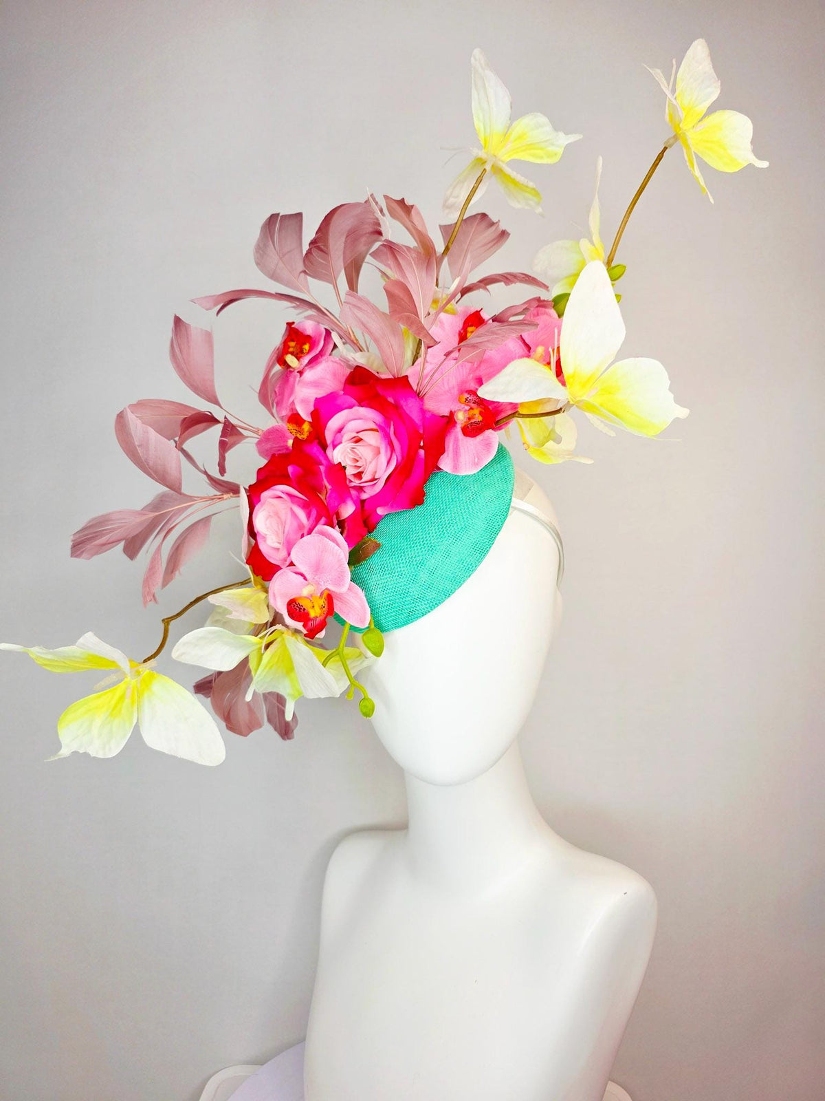 kentucky derby hat fascinator mint green sinamay ombre red pink roses pink orchids mauve dusty pink branching feathers yellow butterflies