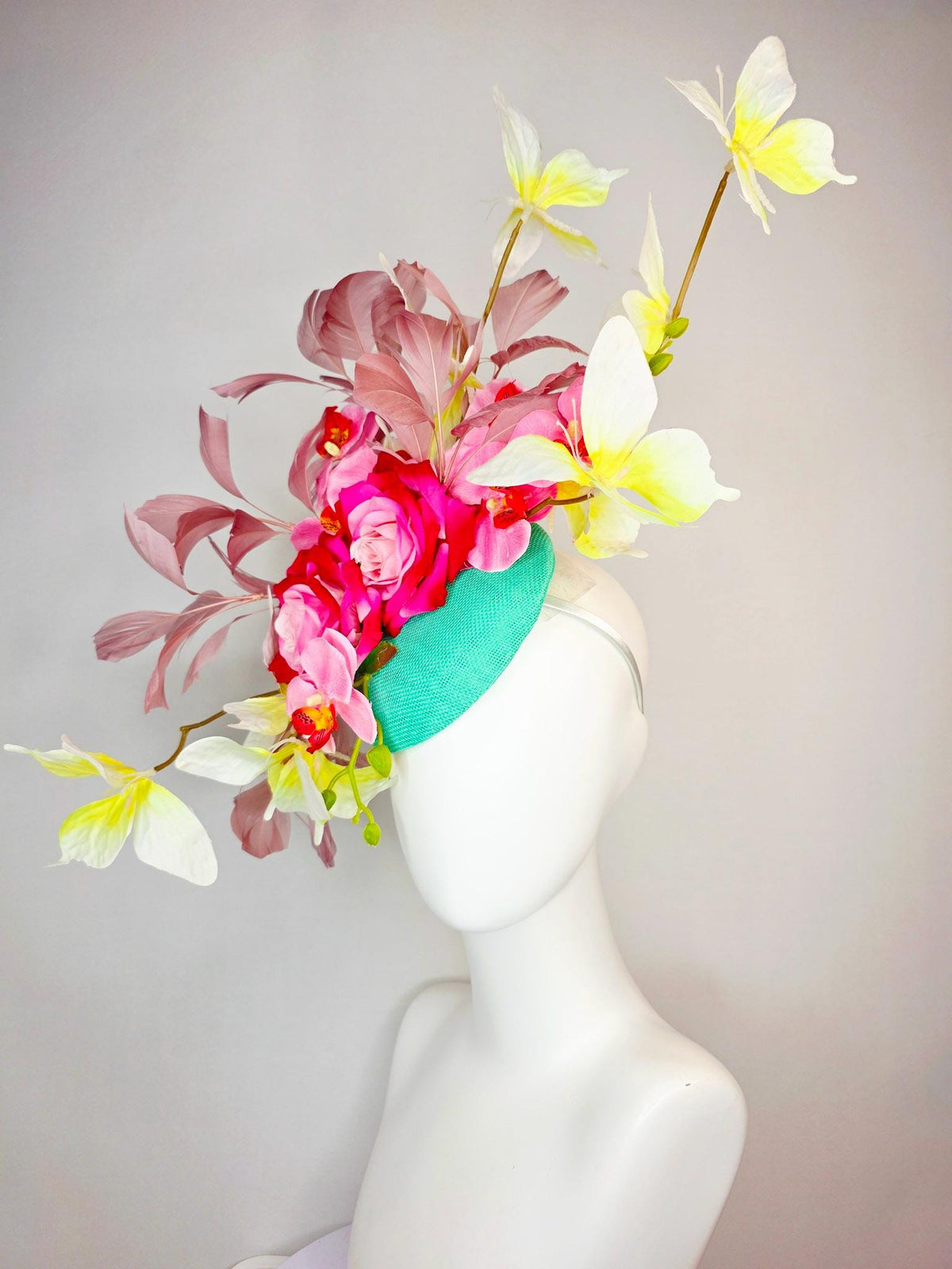 kentucky derby hat fascinator mint green sinamay ombre red pink roses pink orchids mauve dusty pink branching feathers yellow butterflies