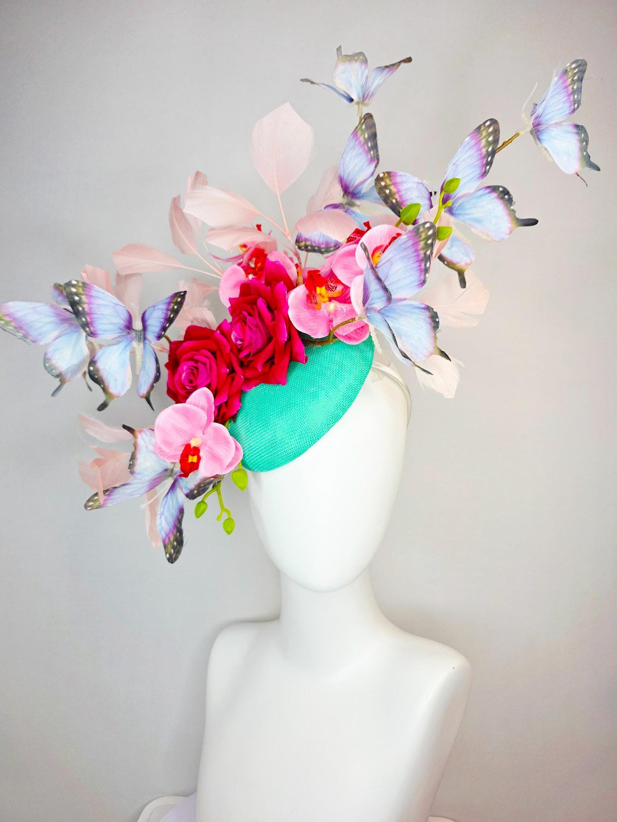 kentucky derby hat fascinator mint green sinamay red roses pink orchids pale light pink branching feathers black lavender purple butterflies