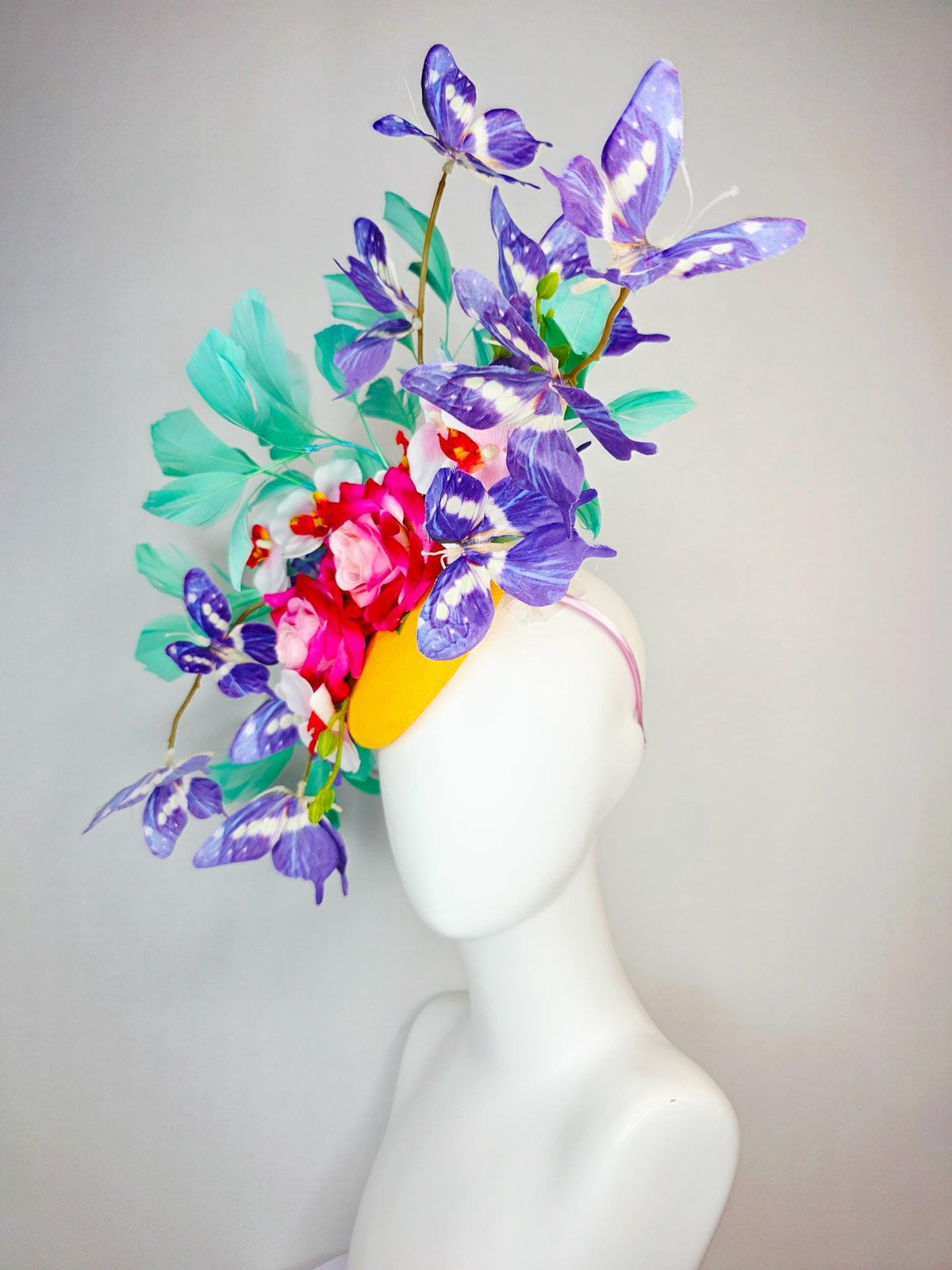 kentucky derby hat fascinator yellow sinamay ombre red pink roses white orchids aqua mint green branching feathers and purple butterflies