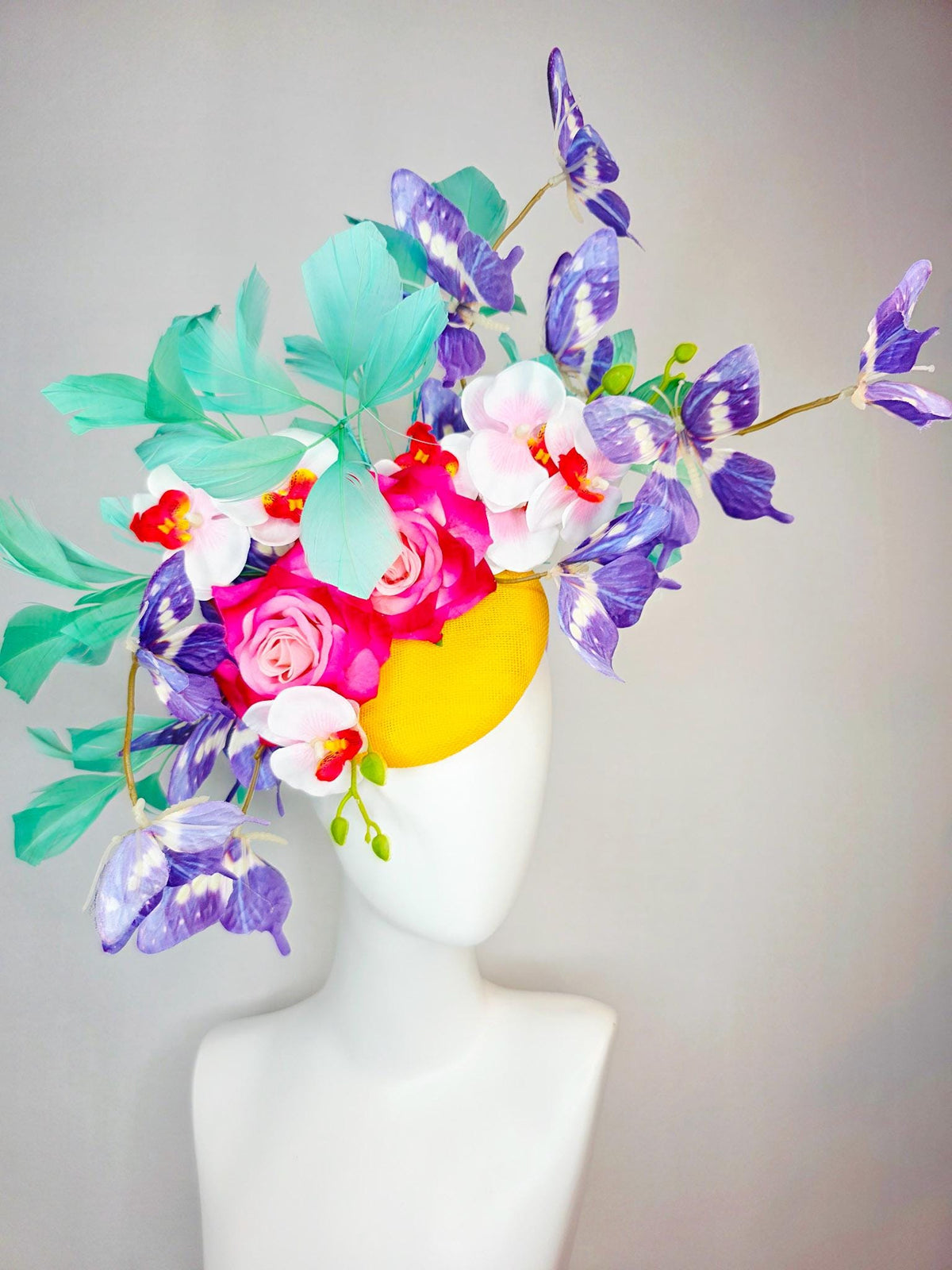 kentucky derby hat fascinator yellow sinamay ombre red pink roses white orchids aqua mint green branching feathers and purple butterflies