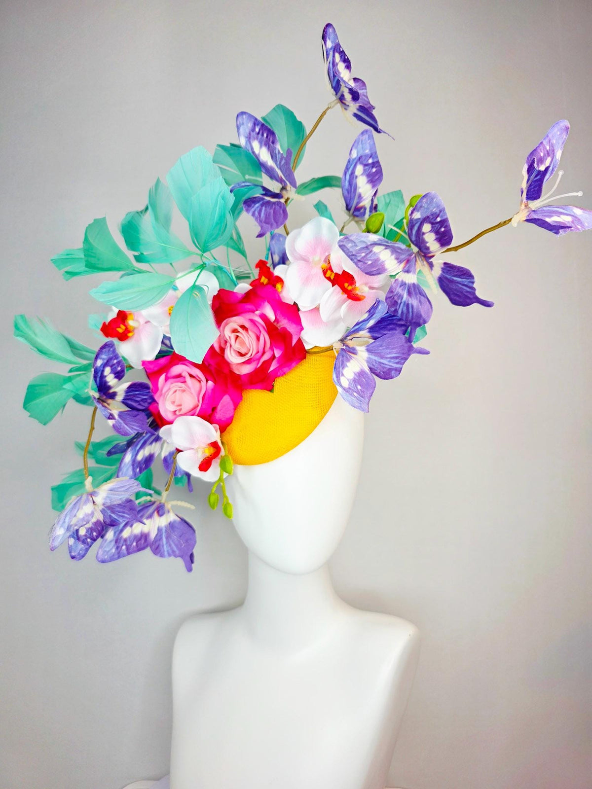 kentucky derby hat fascinator yellow sinamay ombre red pink roses white orchids aqua mint green branching feathers and purple butterflies