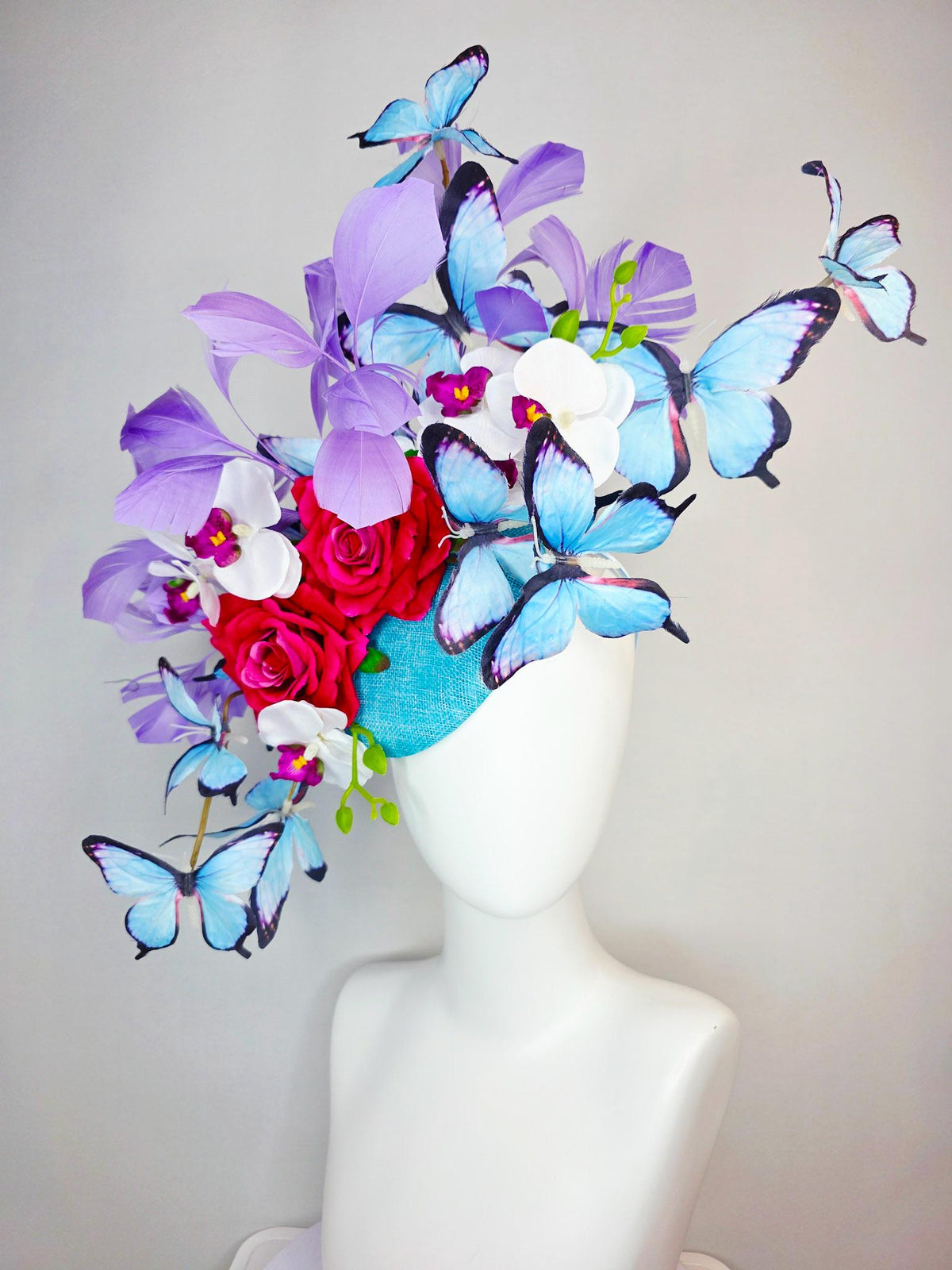 kentucky derby hat fascinator large turquoise sinamay pink red roses white orchid lavender purple branching feathers sky blue butterflies