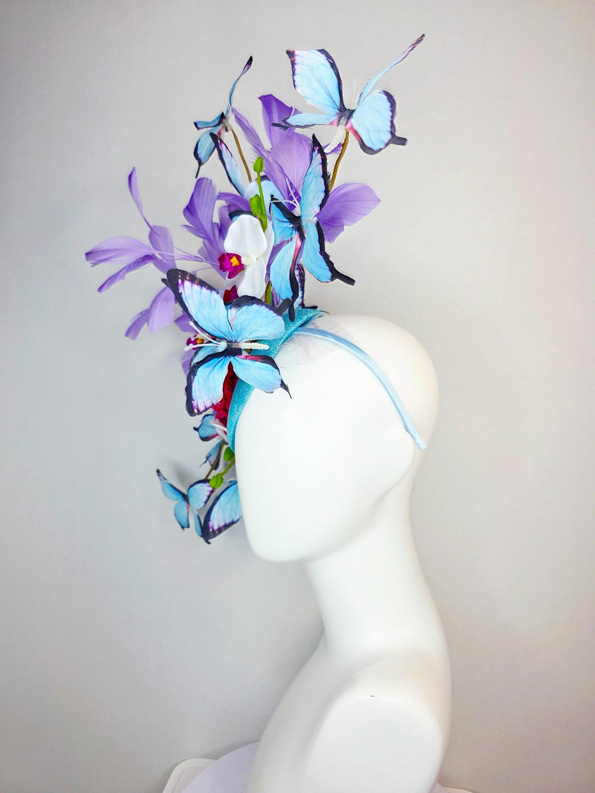 kentucky derby hat fascinator large turquoise sinamay pink red roses white orchid lavender purple branching feathers sky blue butterflies