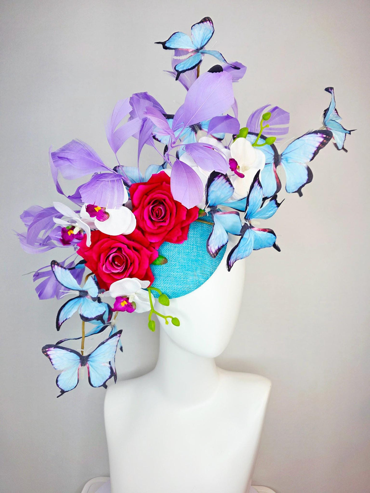 kentucky derby hat fascinator large turquoise sinamay pink red roses white orchid lavender purple branching feathers sky blue butterflies
