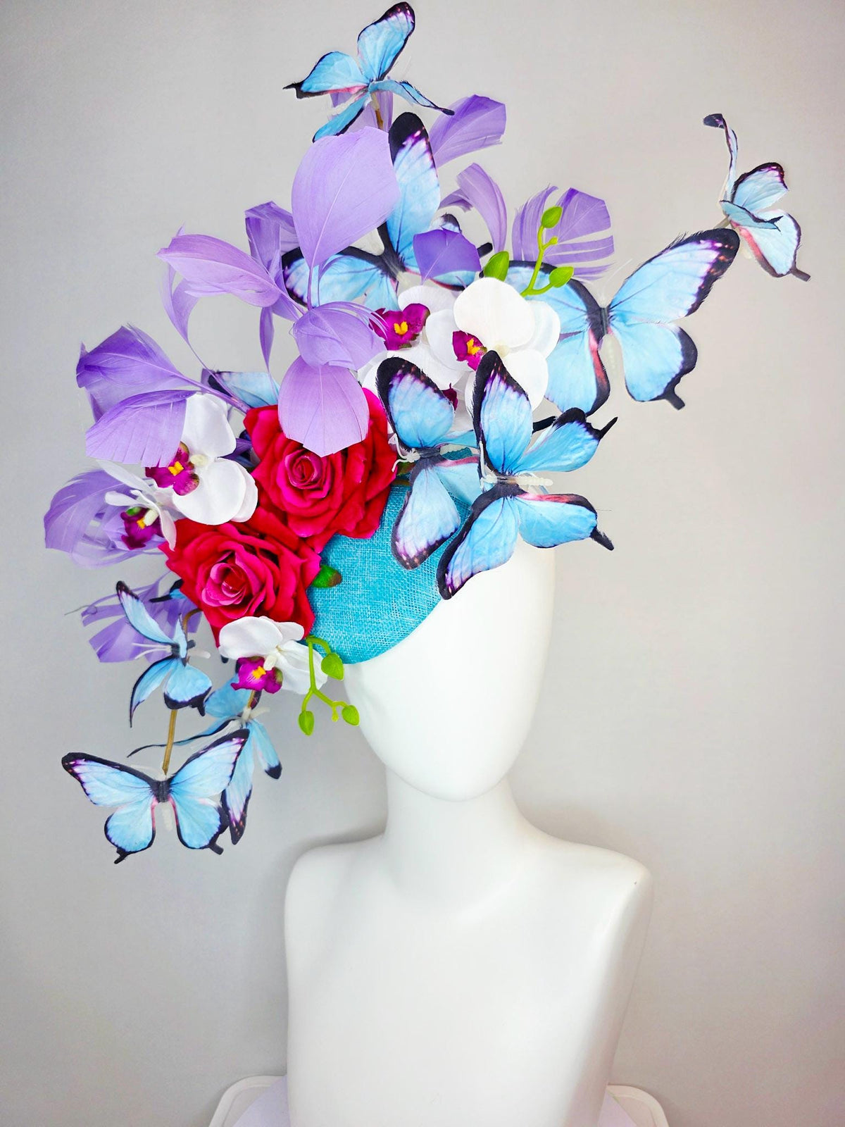 kentucky derby hat fascinator large turquoise sinamay pink red roses white orchid lavender purple branching feathers sky blue butterflies