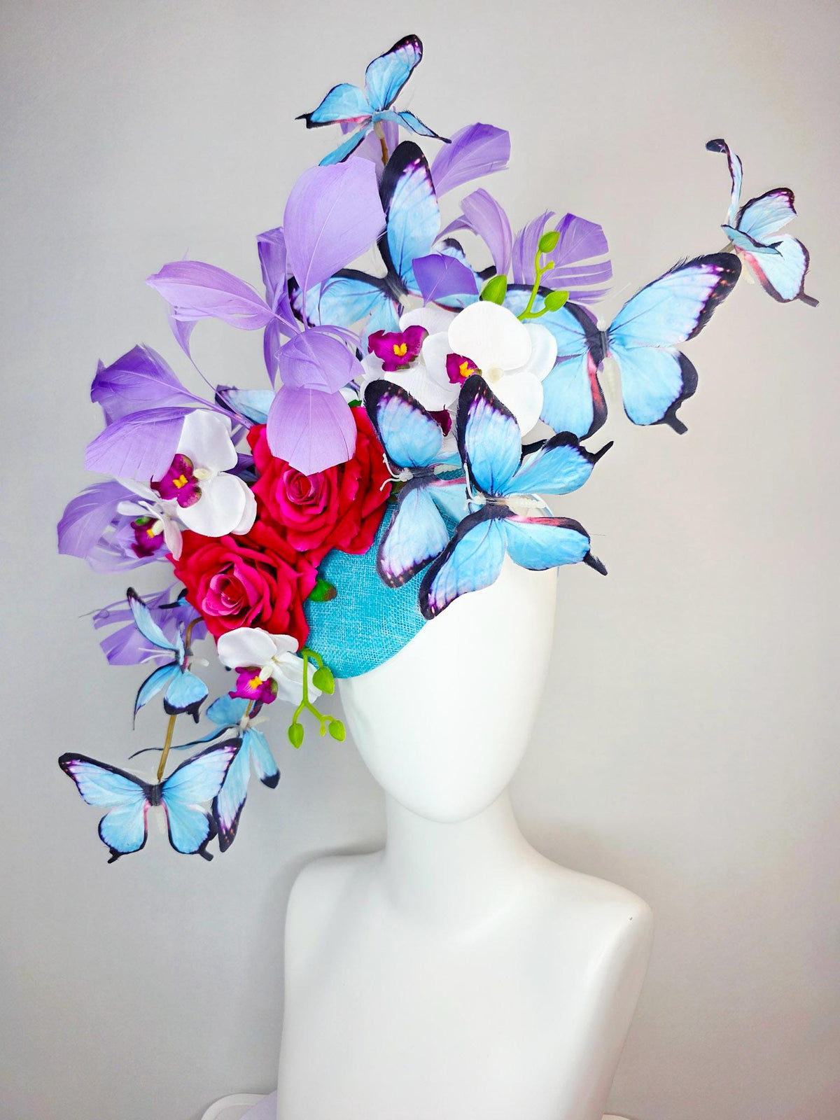 kentucky derby hat fascinator large turquoise sinamay pink red roses white orchid lavender purple branching feathers sky blue butterflies