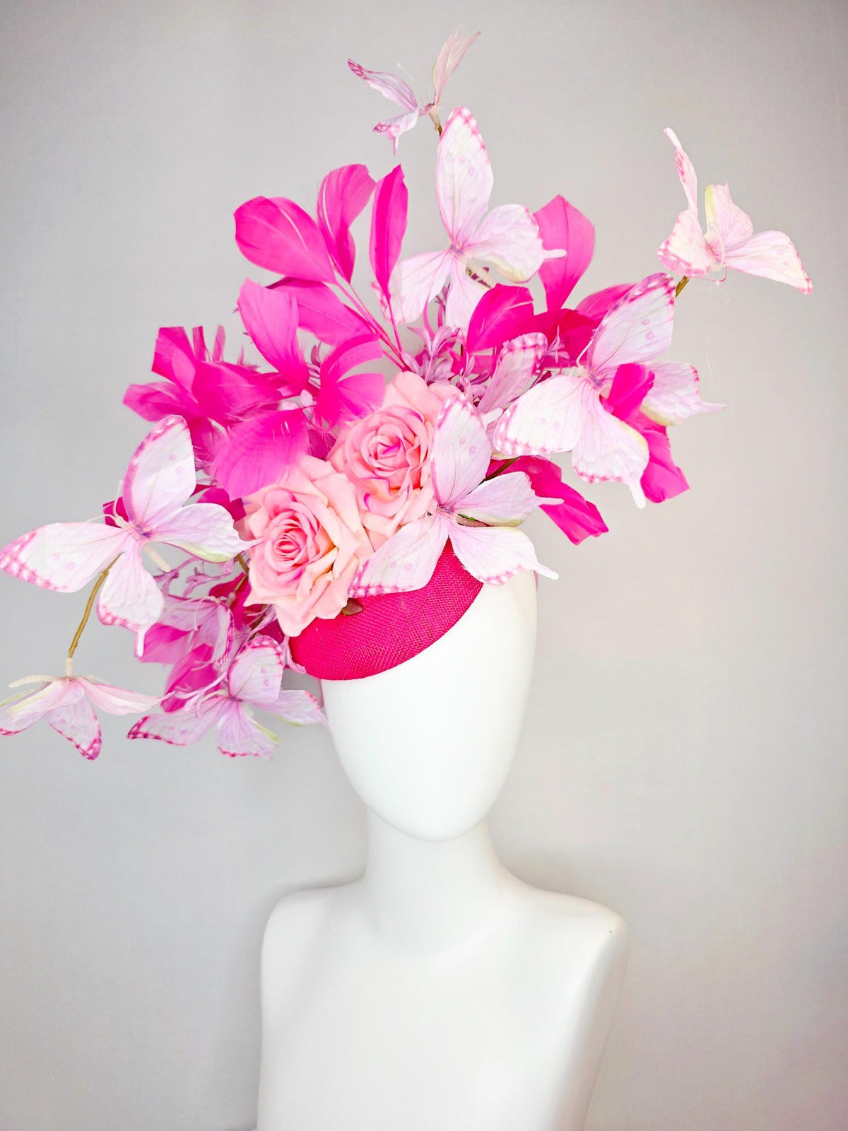 kentucky derby hat fascinator raspberry pink sinamay ombre pink satin roses lilac flowers hot pink branching feather light pink butterflies
