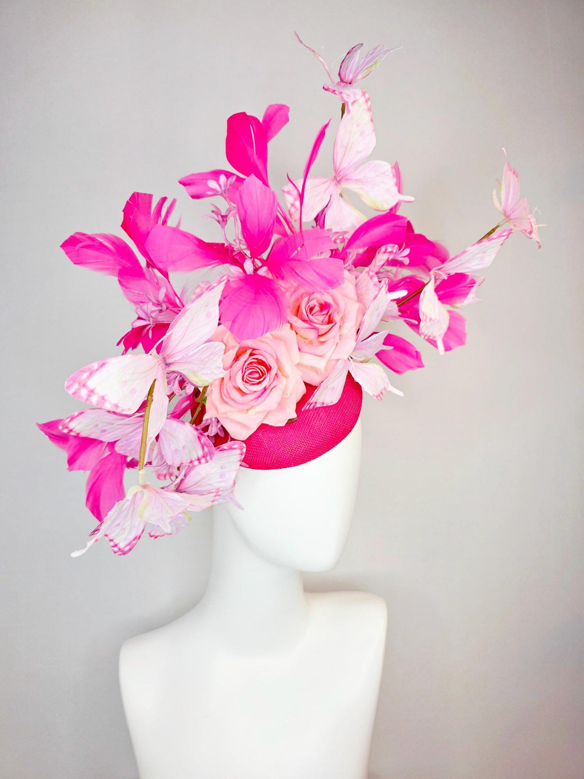 kentucky derby hat fascinator raspberry pink sinamay ombre pink satin roses lilac flowers hot pink branching feather light pink butterflies