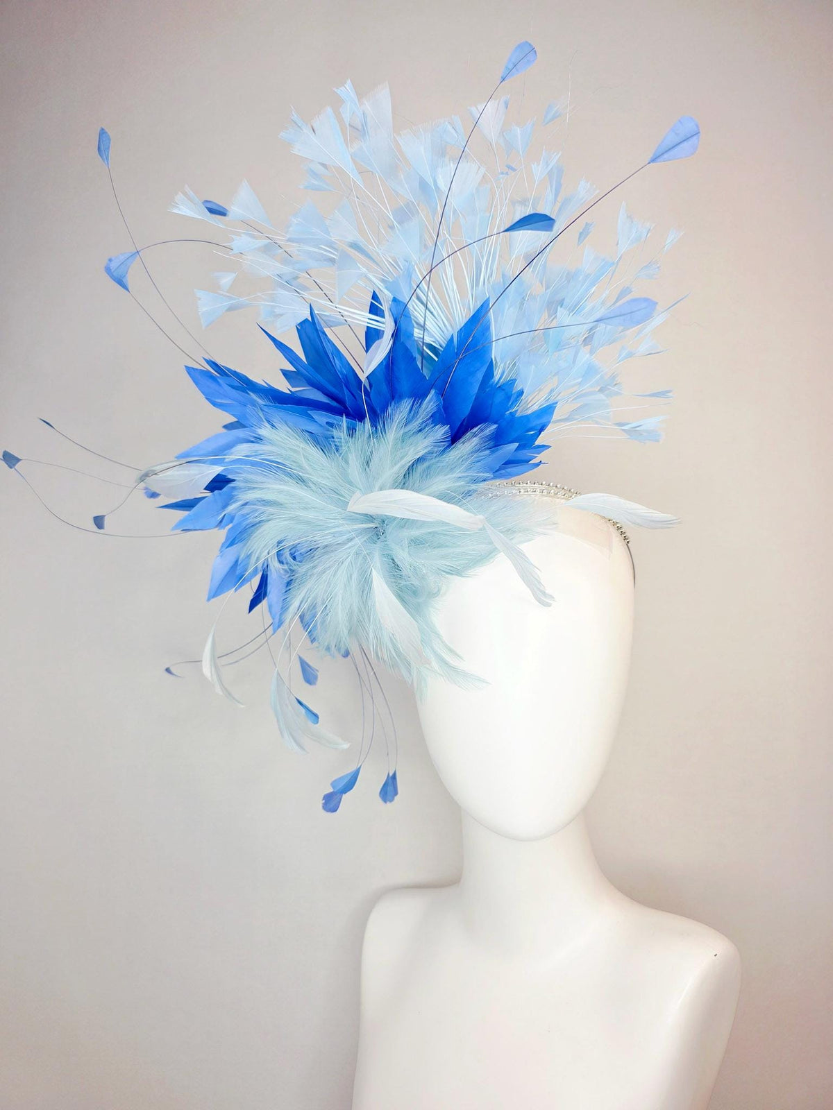 kentucky derby hat fascinator swarovski crystal headband with fluffy light baby blue feather flower cobalt and sky blue branching feathers