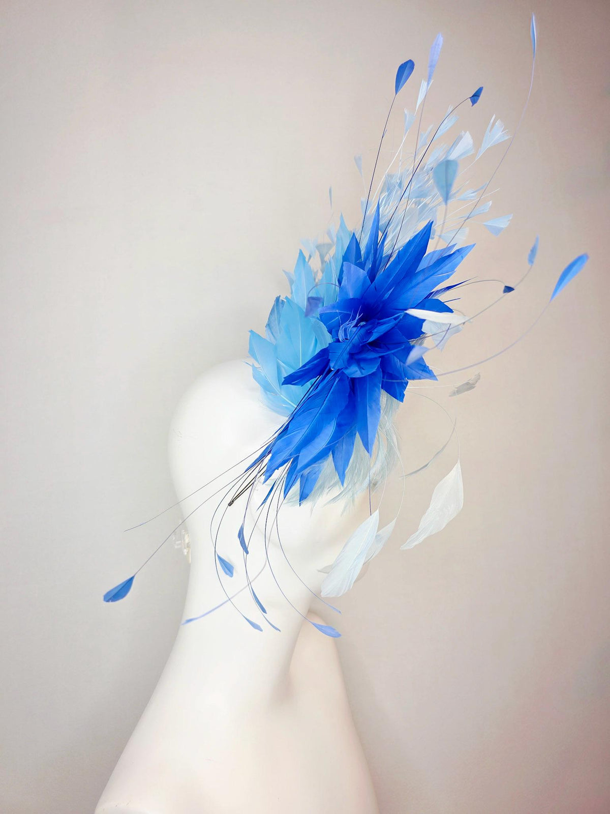 kentucky derby hat fascinator swarovski crystal headband with fluffy light baby blue feather flower cobalt and sky blue branching feathers