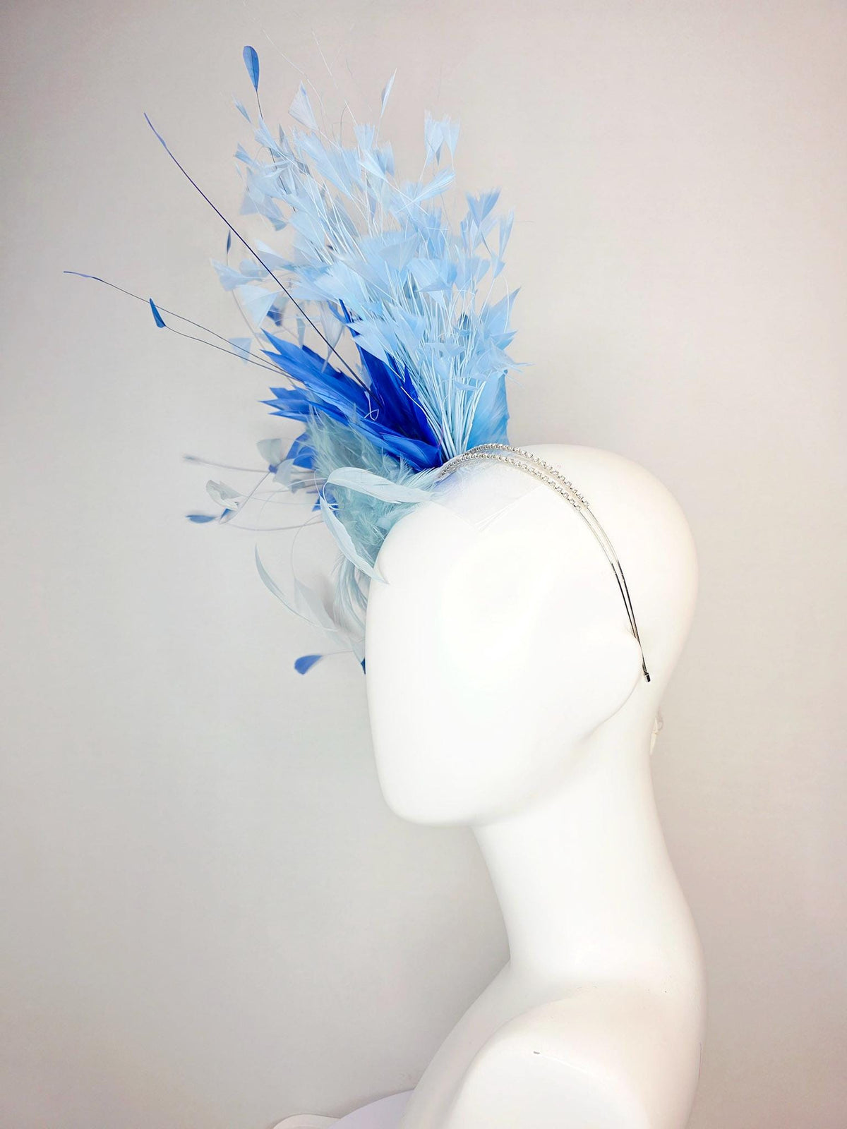 kentucky derby hat fascinator swarovski crystal headband with fluffy light baby blue feather flower cobalt and sky blue branching feathers