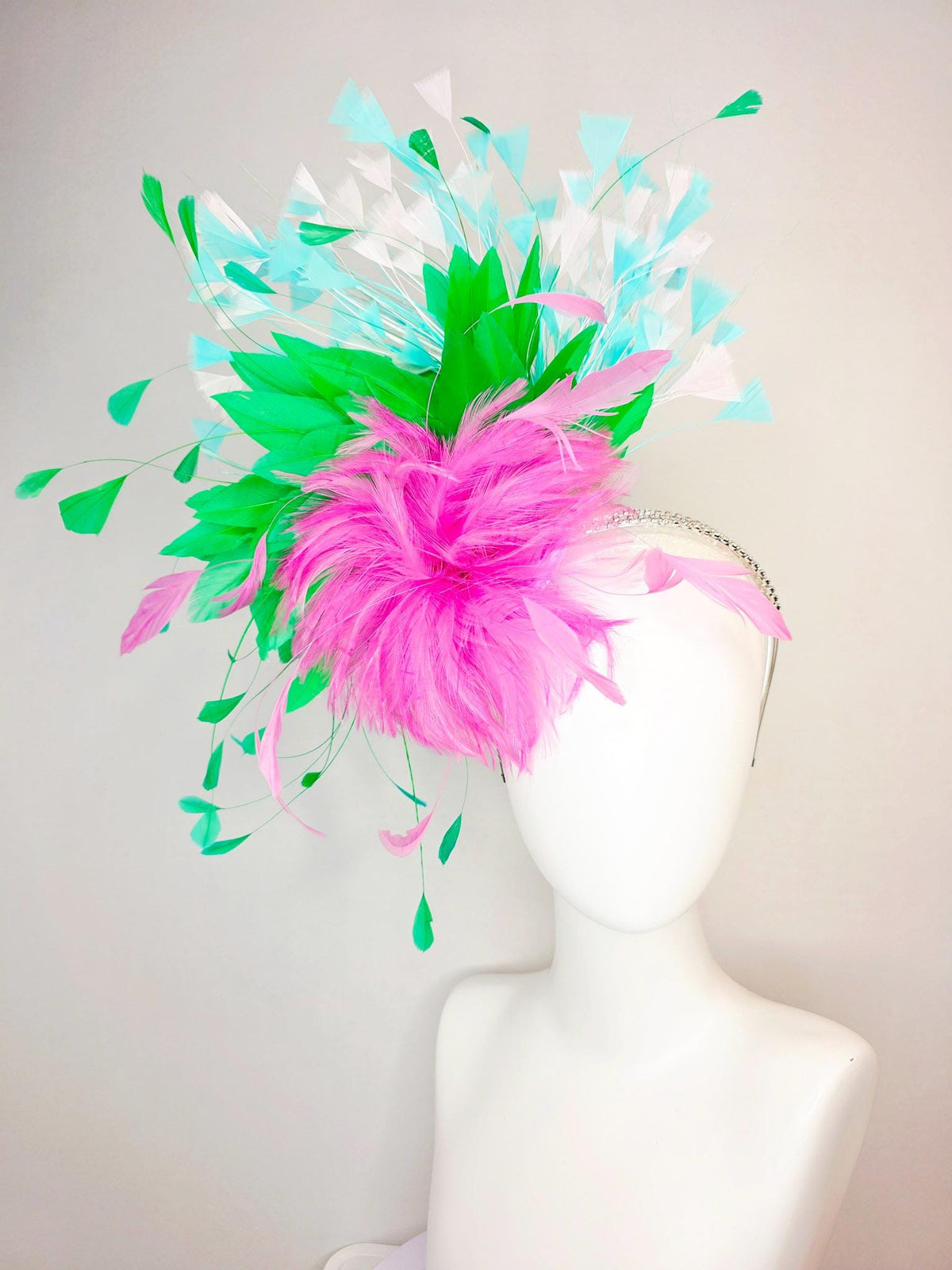 kentucky derby hat fascinator swarovski crystal headband fluffy blush pink feather flower emerald green aqua blue white branching feathers