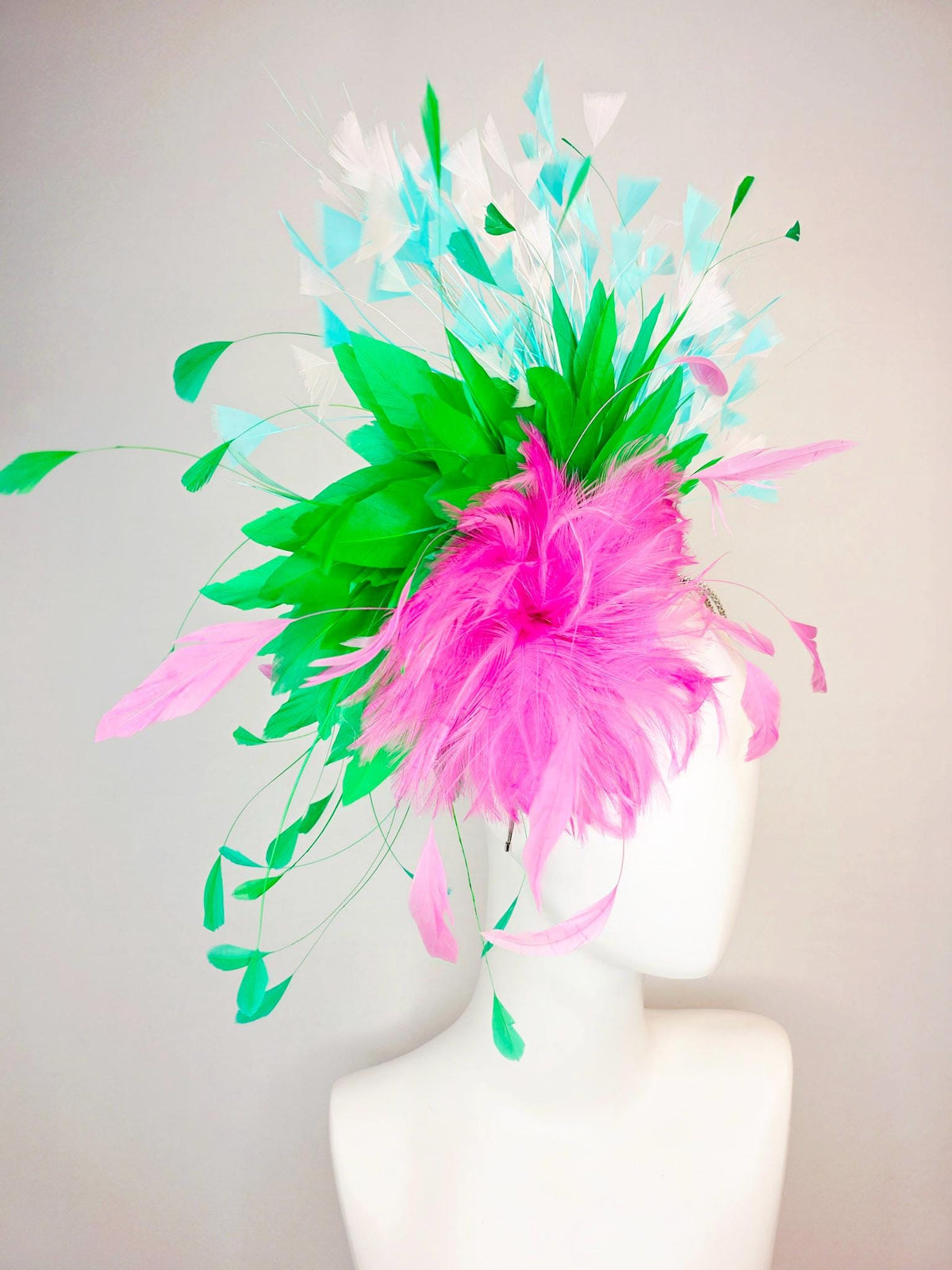 kentucky derby hat fascinator swarovski crystal headband fluffy blush pink feather flower emerald green aqua blue white branching feathers