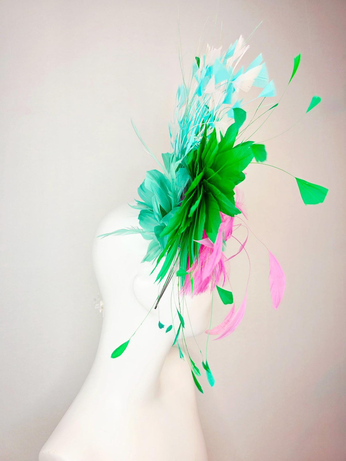 kentucky derby hat fascinator swarovski crystal headband fluffy blush pink feather flower emerald green aqua blue white branching feathers