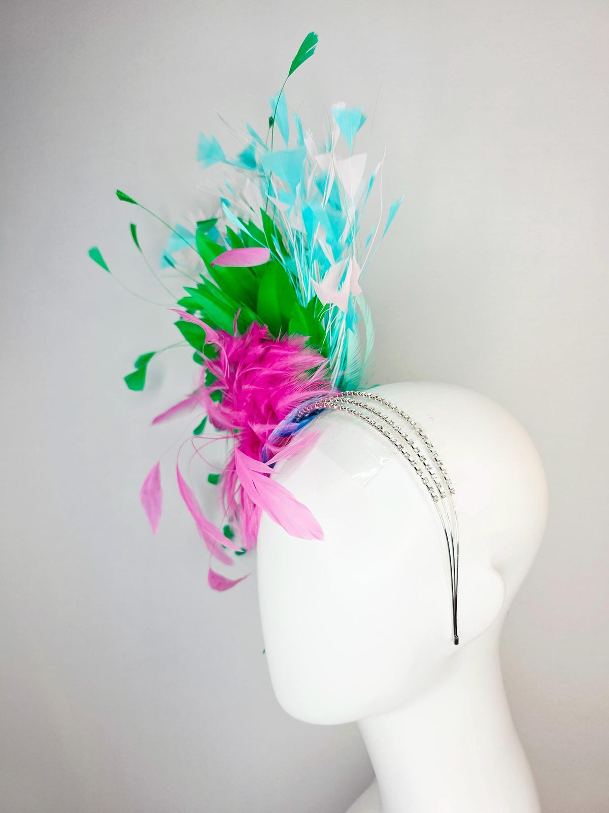 kentucky derby hat fascinator swarovski crystal headband fluffy blush pink feather flower emerald green aqua blue white branching feathers
