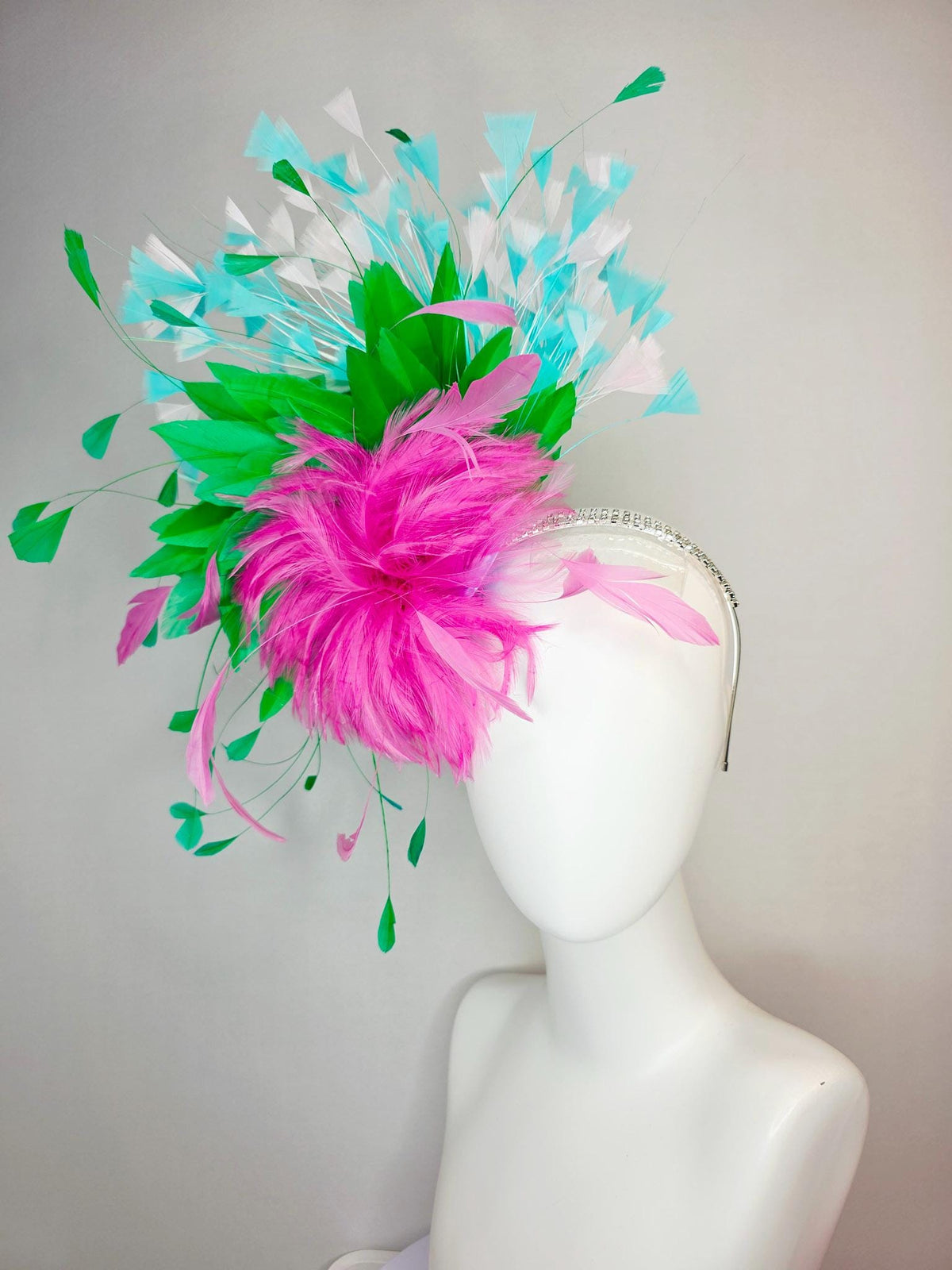 kentucky derby hat fascinator swarovski crystal headband fluffy blush pink feather flower emerald green aqua blue white branching feathers