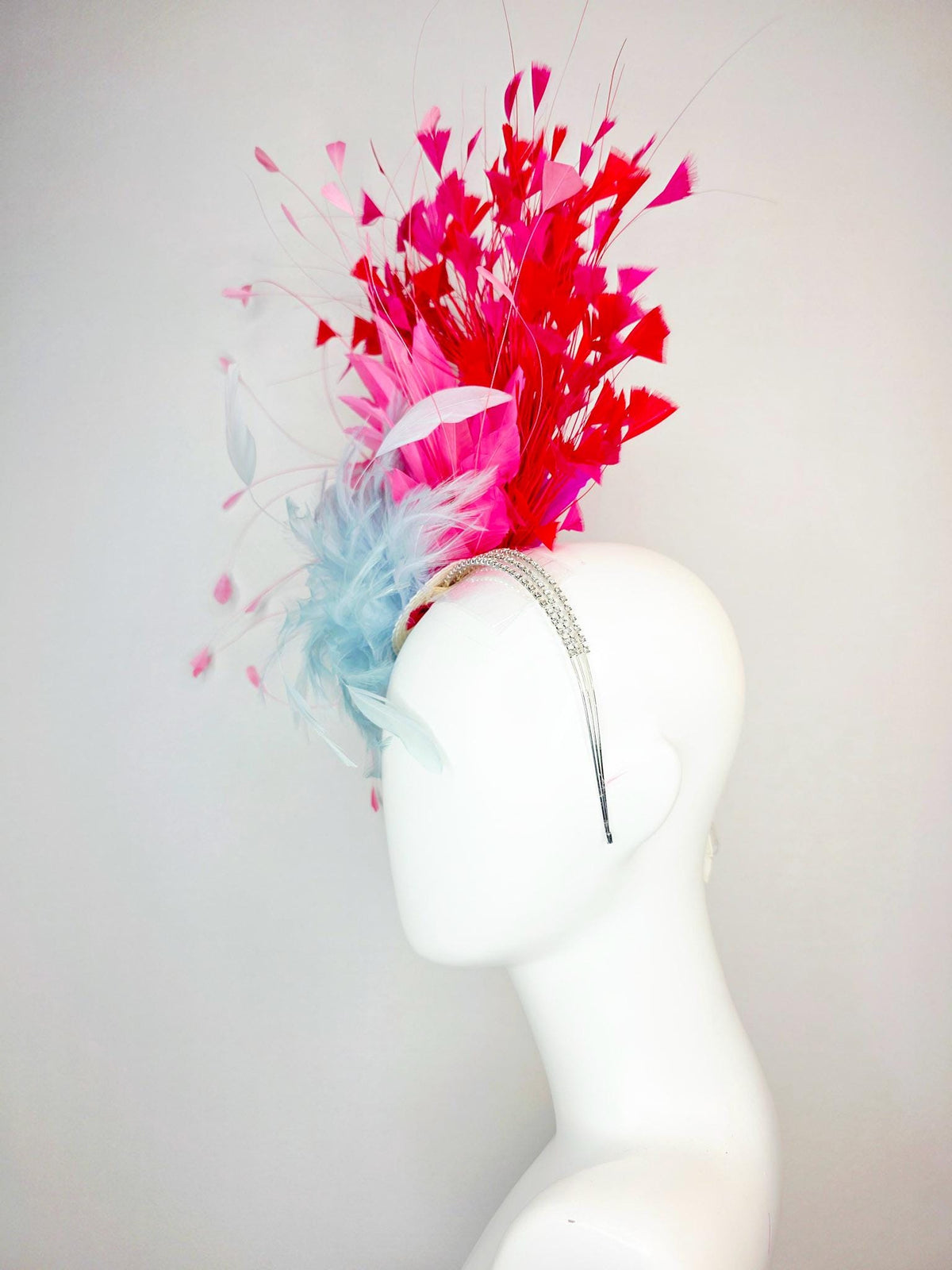 kentucky derby hat fascinator swarovski crystal headband with fluffy baby blue feather flower blush pink and scarlet red branching feathers