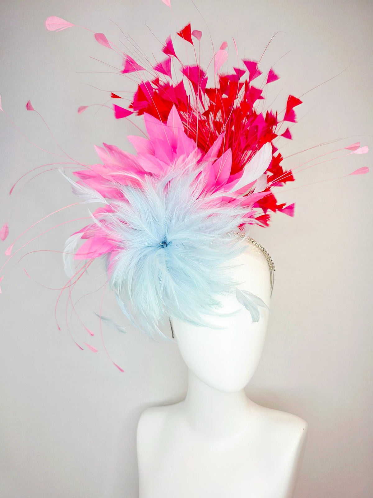 kentucky derby hat fascinator swarovski crystal headband with fluffy baby blue feather flower blush pink and scarlet red branching feathers