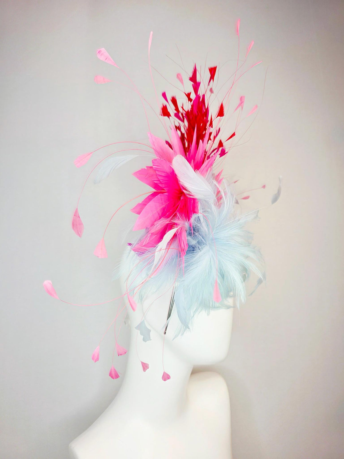 kentucky derby hat fascinator swarovski crystal headband with fluffy baby blue feather flower blush pink and scarlet red branching feathers