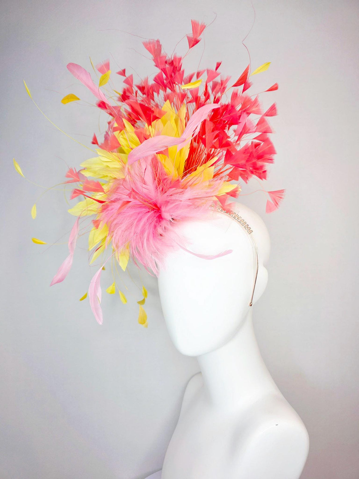 kentucky derby hat fascinator swarovski crystal headband with fluffy baby pink feather flower with yellow and coral red branching feathers