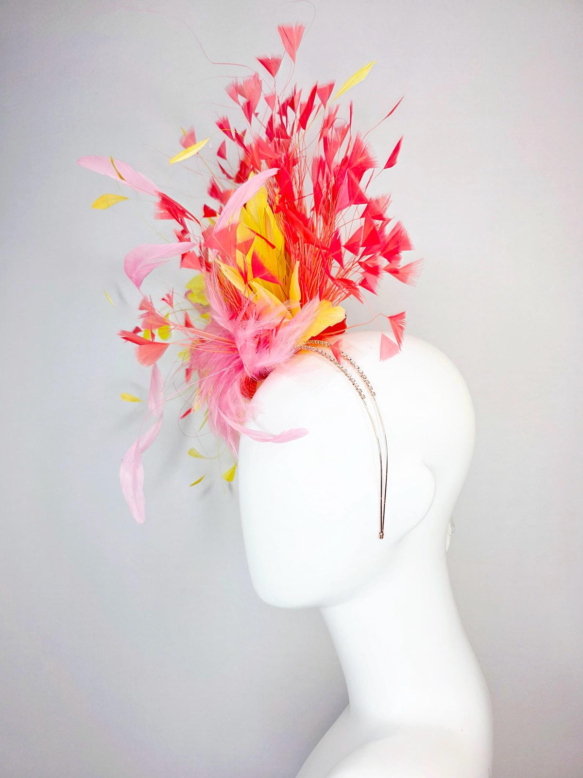 kentucky derby hat fascinator swarovski crystal headband with fluffy baby pink feather flower with yellow and coral red branching feathers