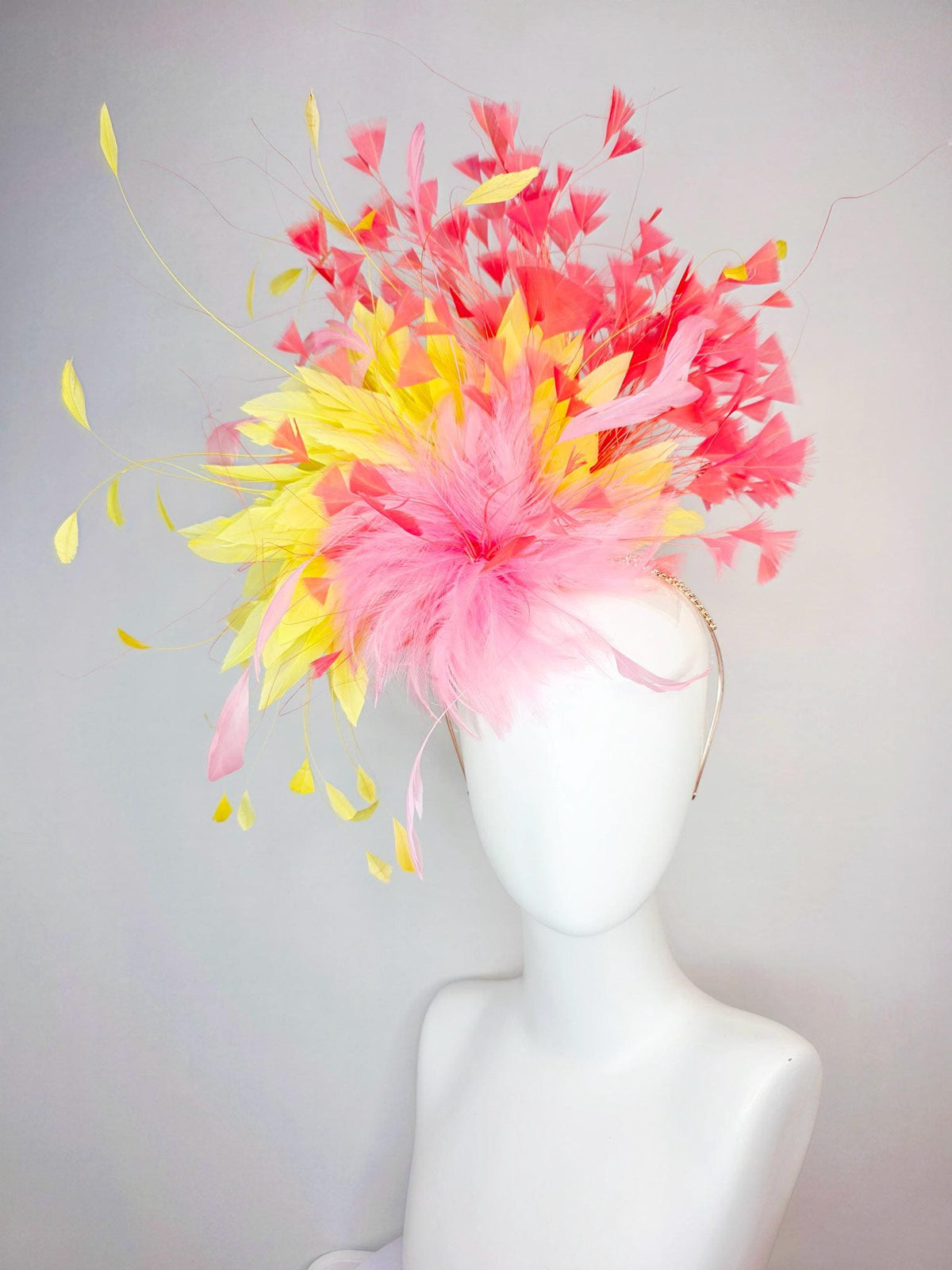 kentucky derby hat fascinator swarovski crystal headband with fluffy baby pink feather flower with yellow and coral red branching feathers