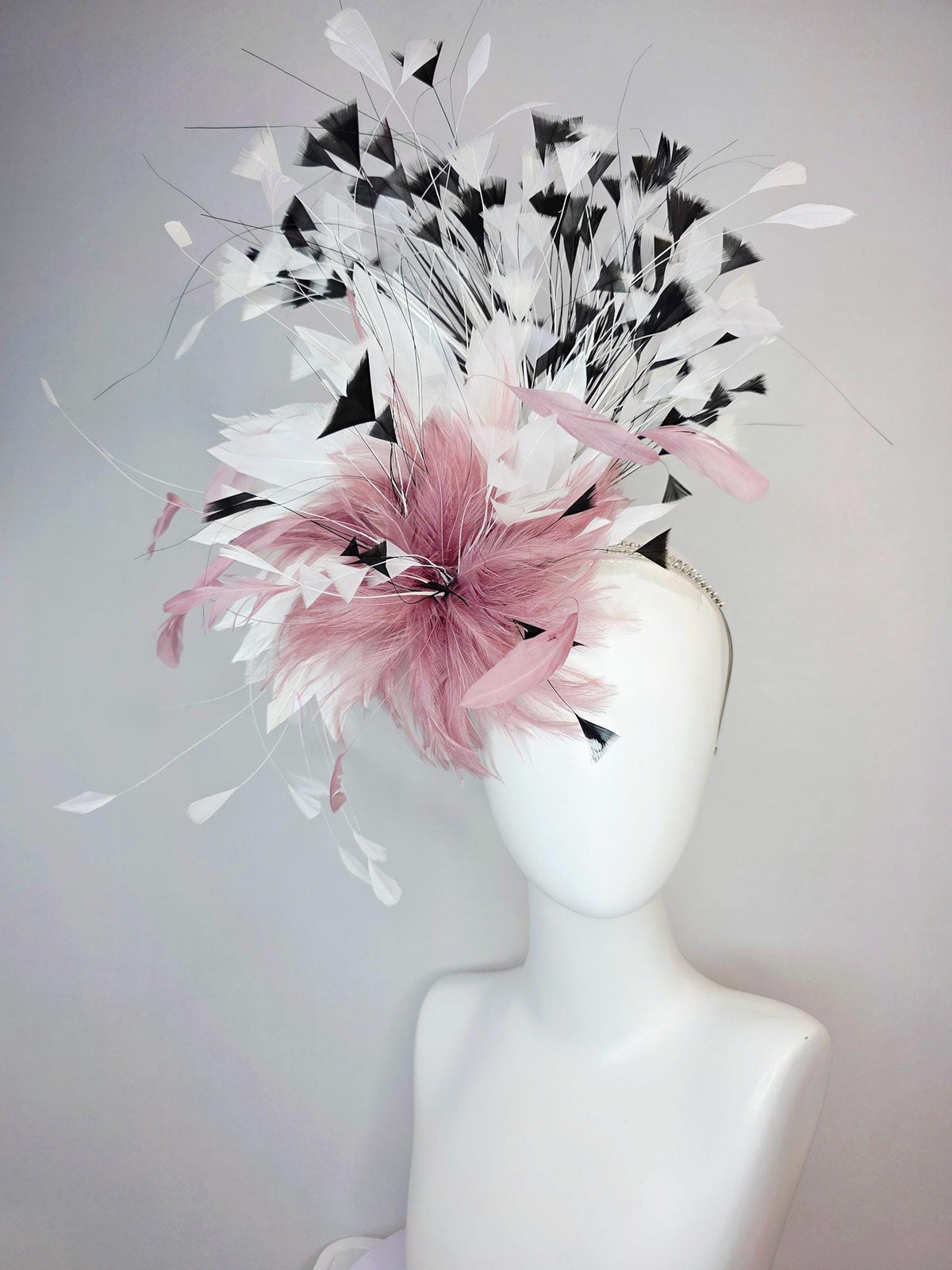 kentucky derby hat fascinator swarovski crystal headband with fluffy mauve dusty pink feather flower and black and white branching feathers