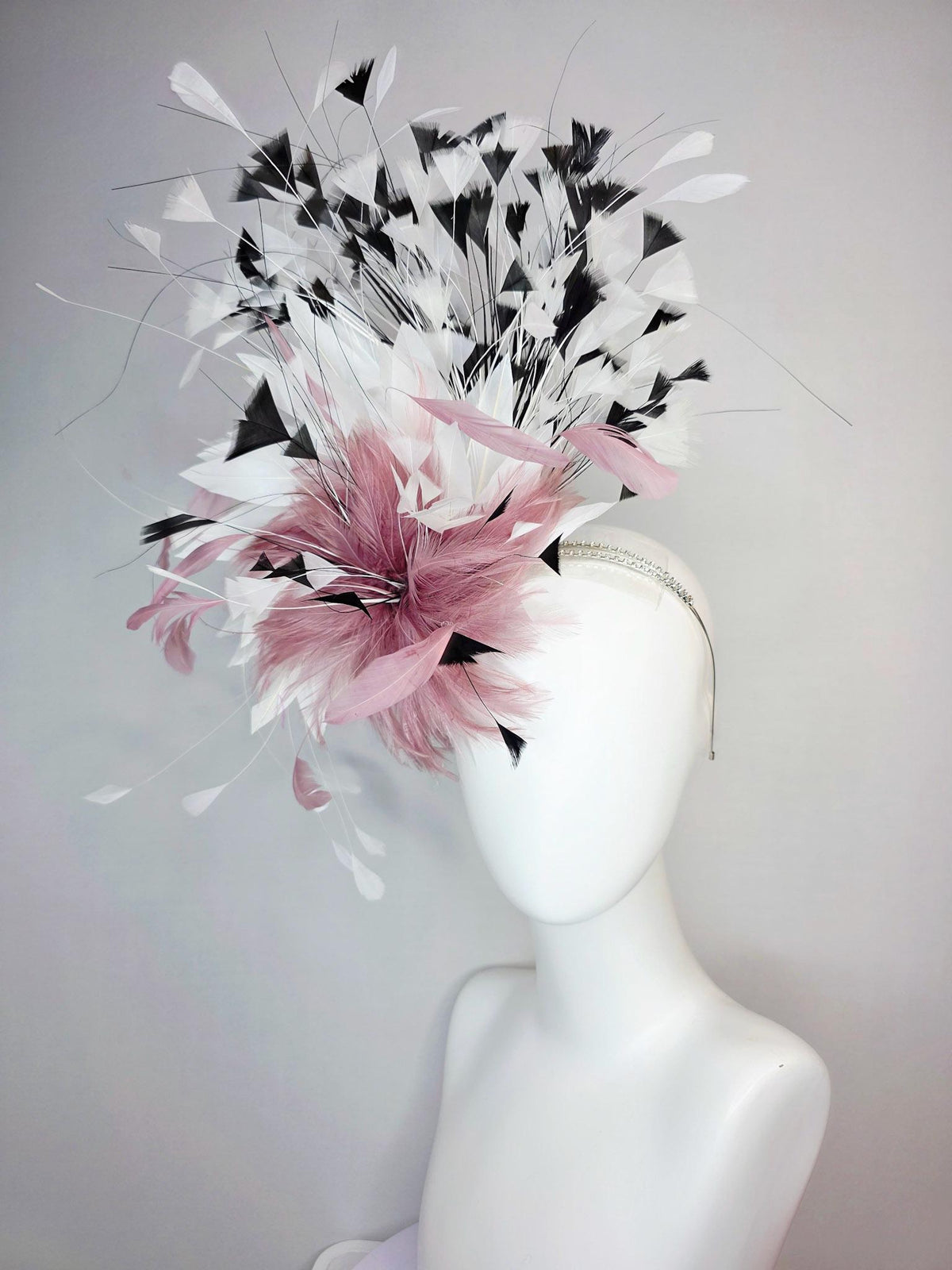kentucky derby hat fascinator swarovski crystal headband with fluffy mauve dusty pink feather flower and black and white branching feathers