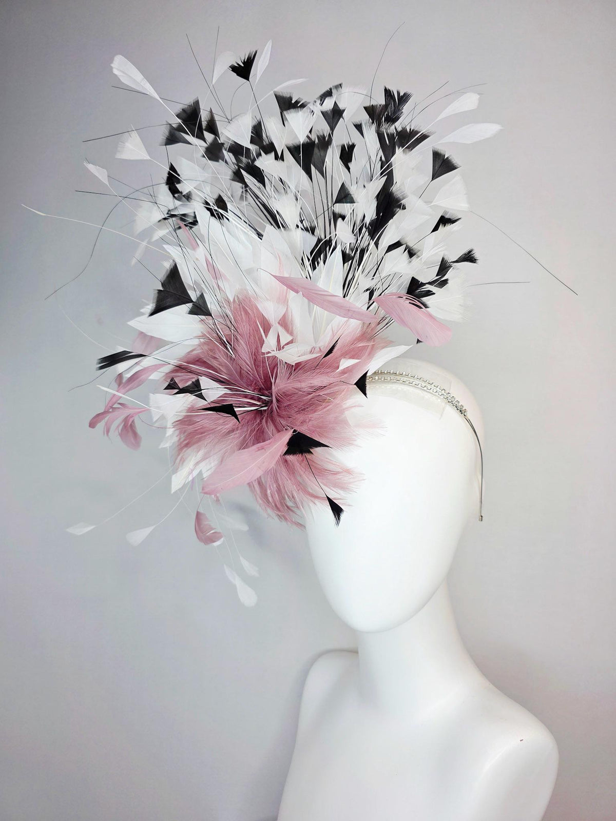 kentucky derby hat fascinator swarovski crystal headband with fluffy mauve dusty pink feather flower and black and white branching feathers