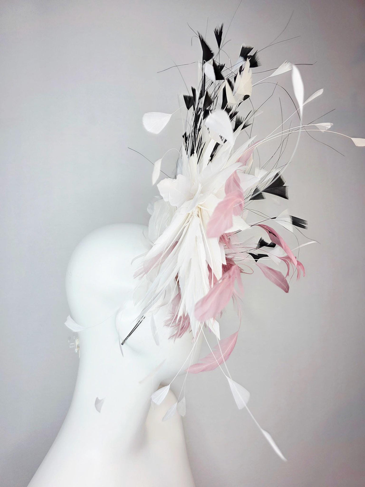 kentucky derby hat fascinator swarovski crystal headband with fluffy mauve dusty pink feather flower and black and white branching feathers